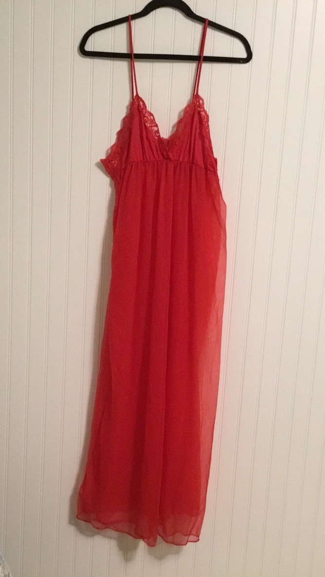 Vintage J.C. Penney Size Large Red Sleeveless Nightgown Nylon Sheer Lace Accents