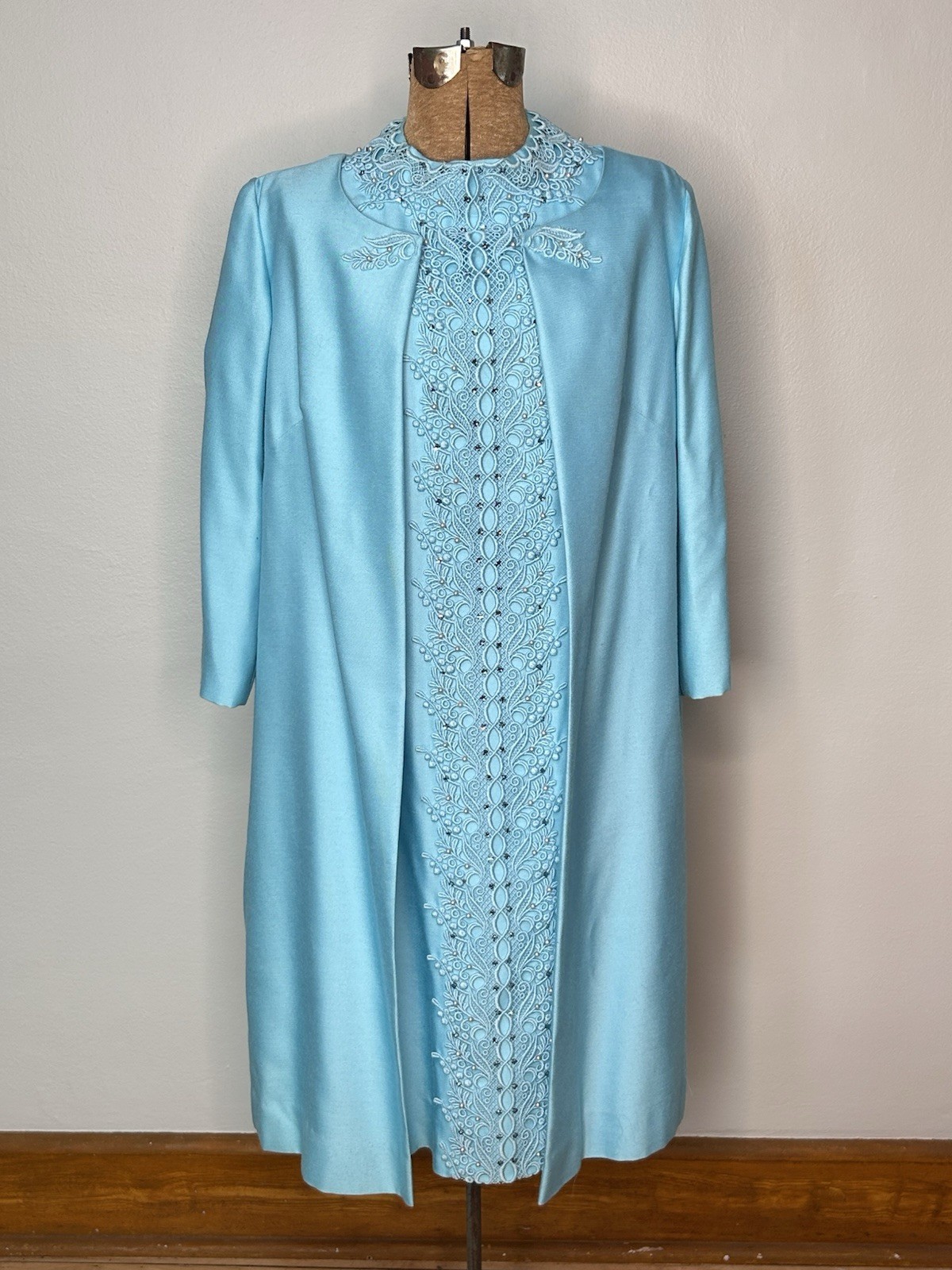 Vintage 1960s Sylvia Ann Women&rsquo;s Sky Blue Two Piece Dress Set Beaded Trim S/M