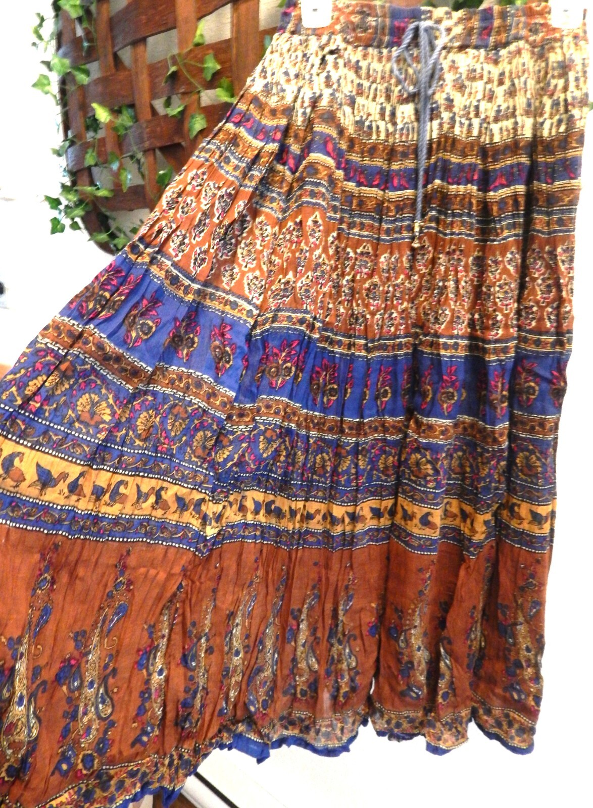 VTG 90&rsquo;s, Broomstick Skirt Boho Western Rust Blue Gold Crm. One Size Drawstring
