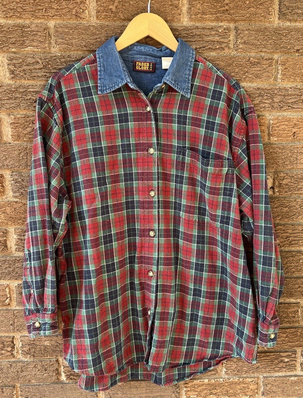 Vintage Faded Glory Plaid Denim Flannel Shirt Oversized 90s Grunge Size 20W