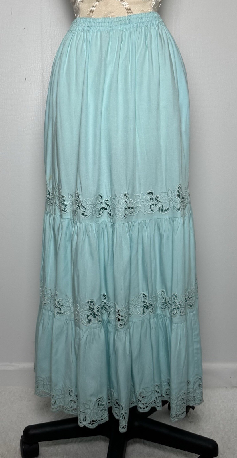 Vintage Aqua Blue Cutwork Lace 2 Pc Dress Set Boho Resort Maxi M
