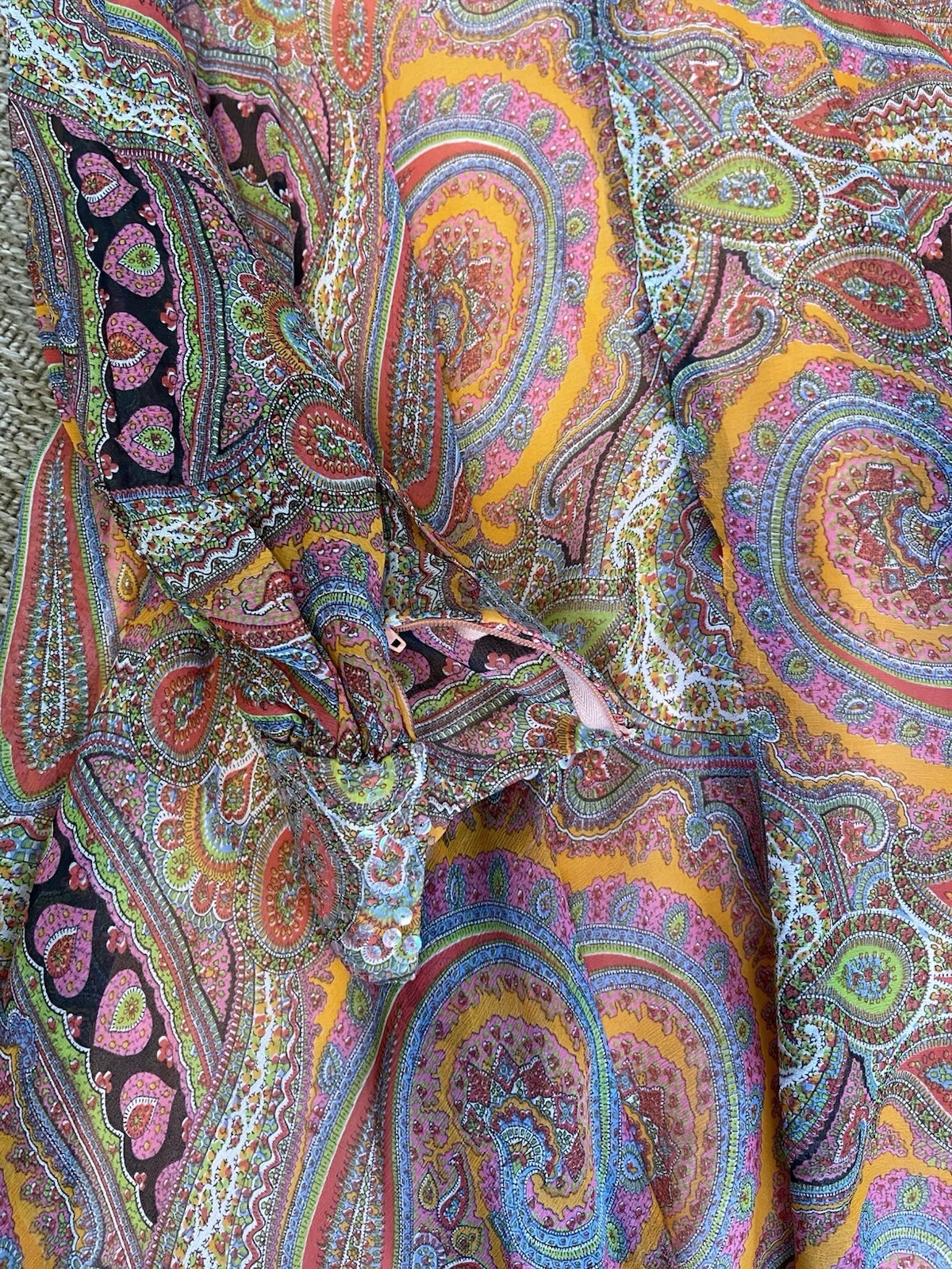 Vintage 60s/70s Lisa Meril Paisley Mini Dress sequin detail bright colors Disco