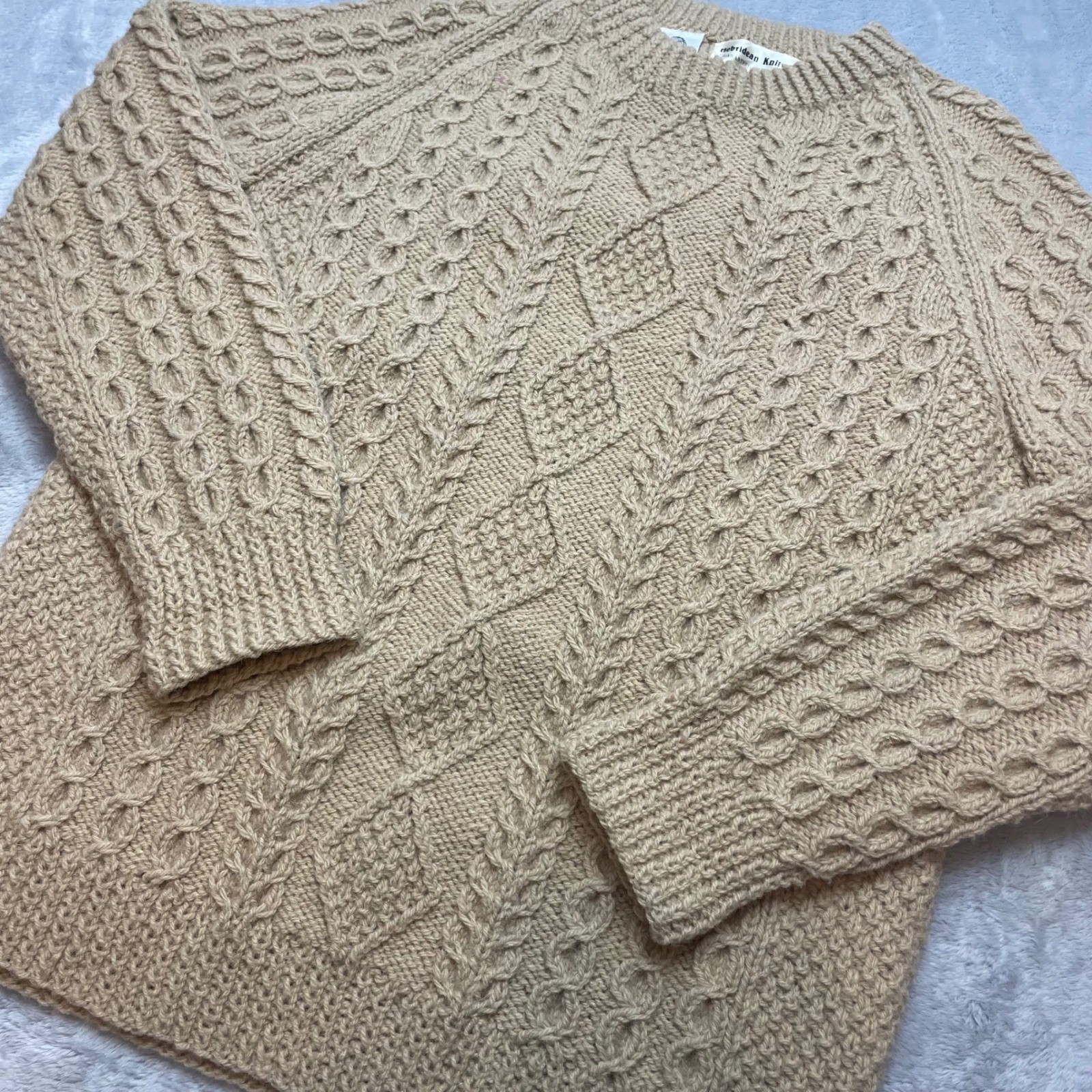Vtg Hebridean Knitwear Unisex Wool Sweater Size S/M Beige Hand Knit Aran UK