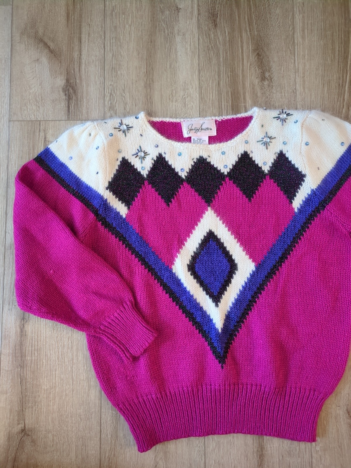 Vintage Bold Geometric Angora Wool Blend Top Fuschia Embellished 80s Mom Sweater