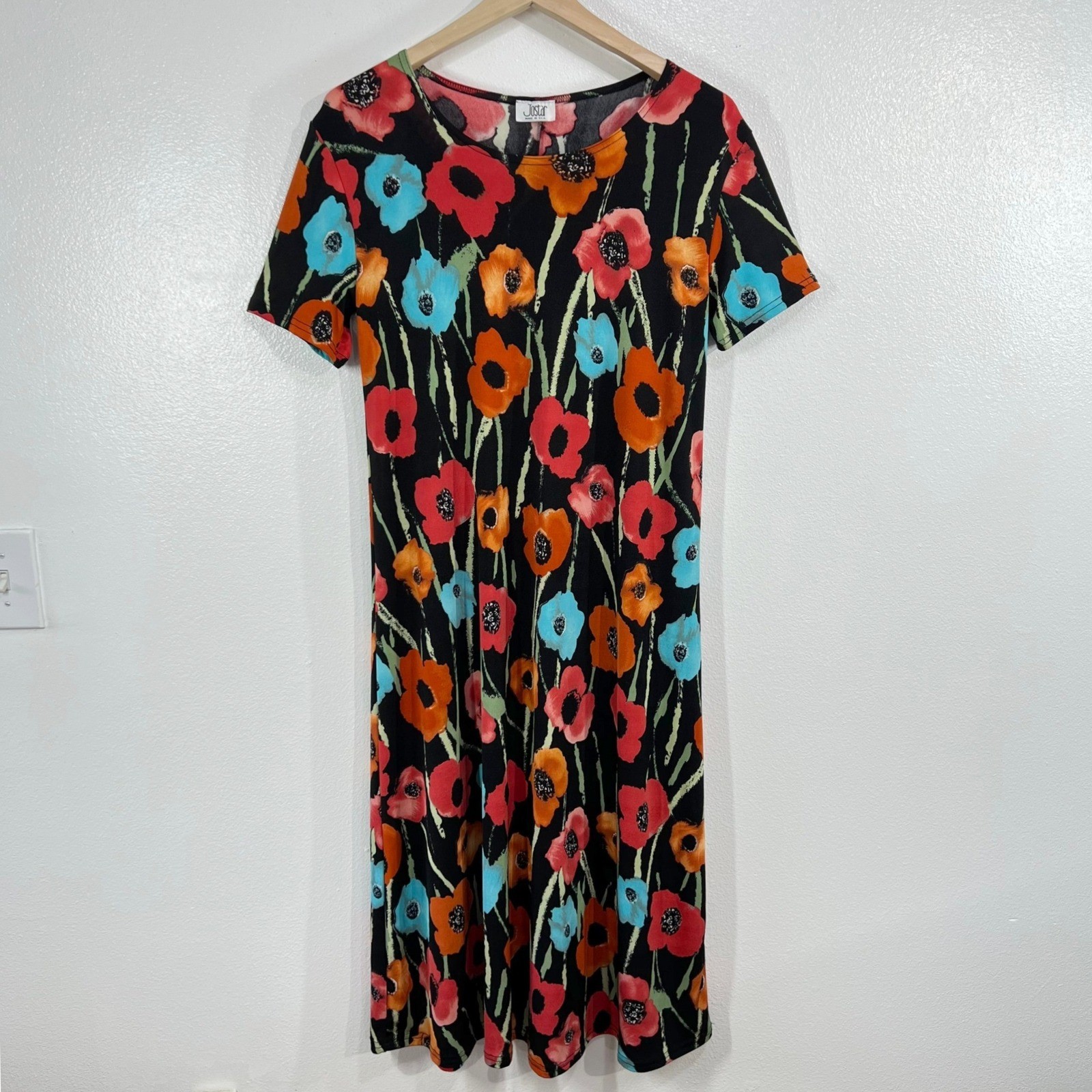 Vtg. Jostar Poppy Floral Travel Maxi Dress Slinky Stretch Knit Short Sleeve USA