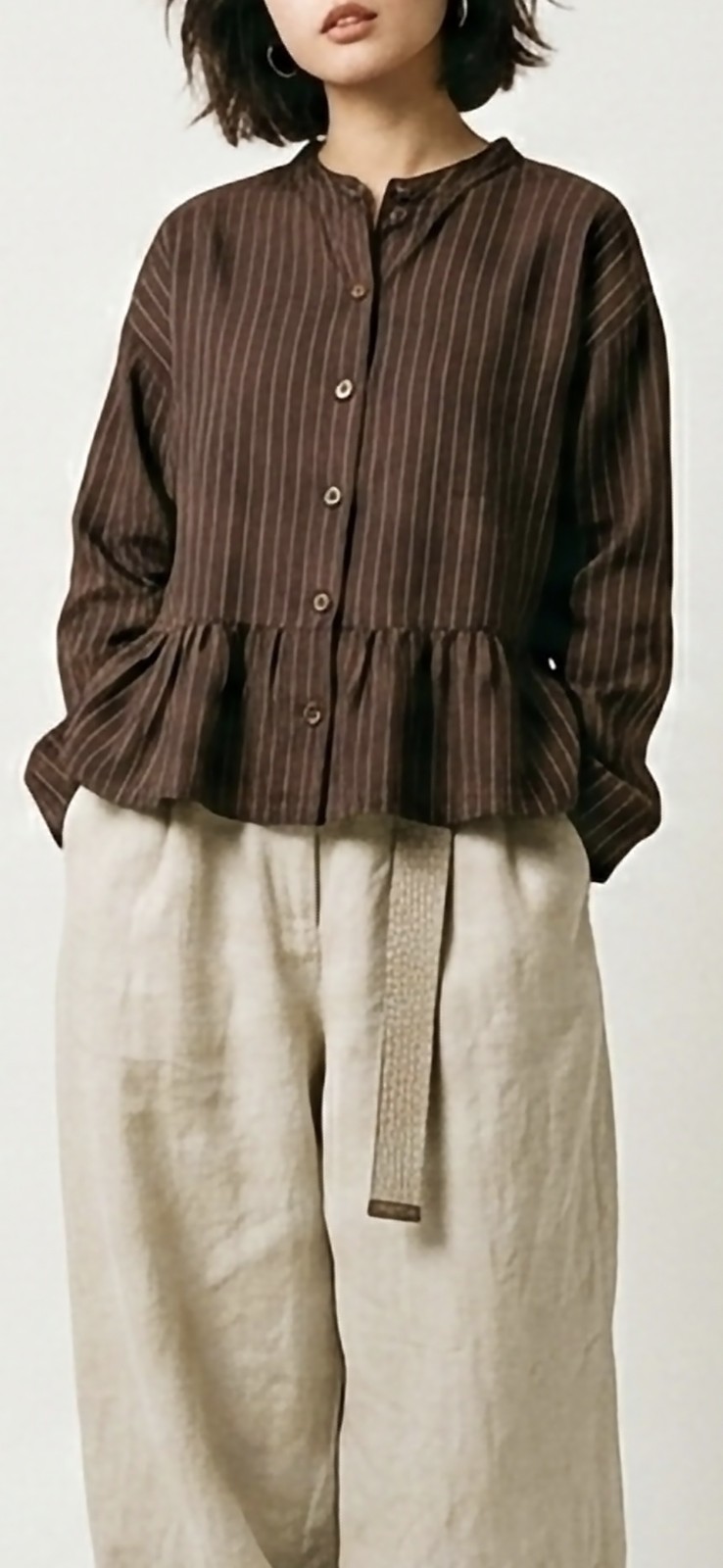 Vtg 100% Silk Brown White Pinstripe Cropped Blouse Shirt Peplum Hem Button Up OS
