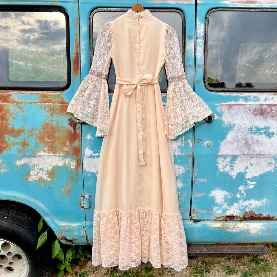 70s Candy Jones victorian renaissance lace maxi gown w/ bell sleeves