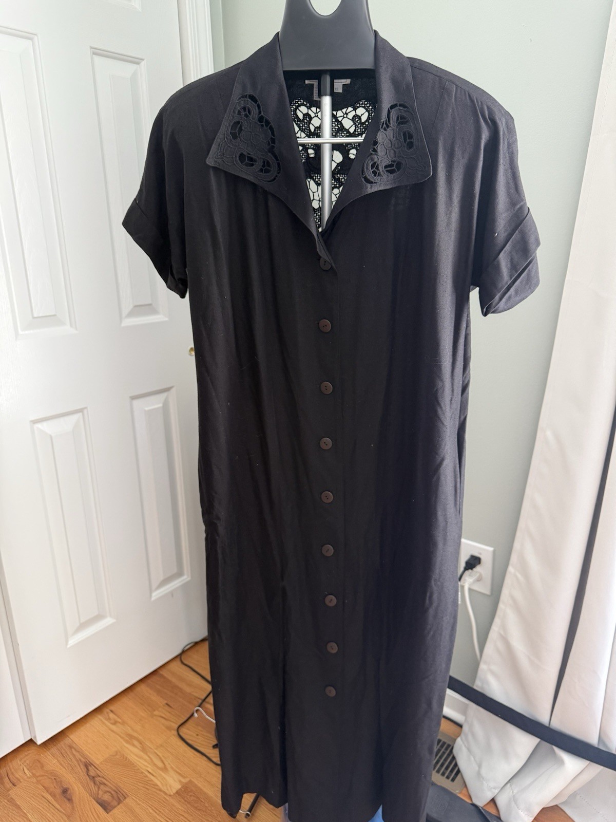 Vintage Silk Studio 100% Silk Black Button Front Midi Dress Lace Back Size 12