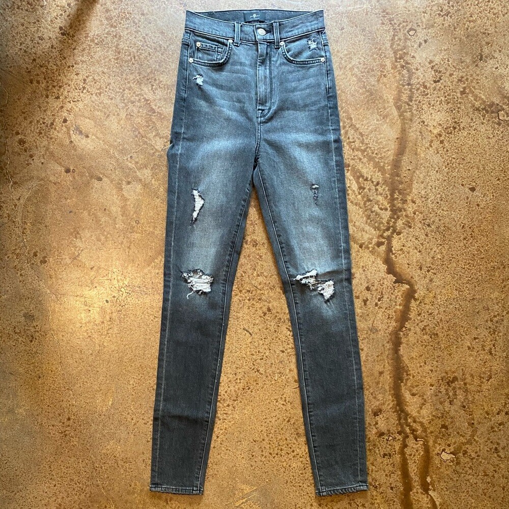 7 for all Mankind high waist distressed grey stretch skinny jeans