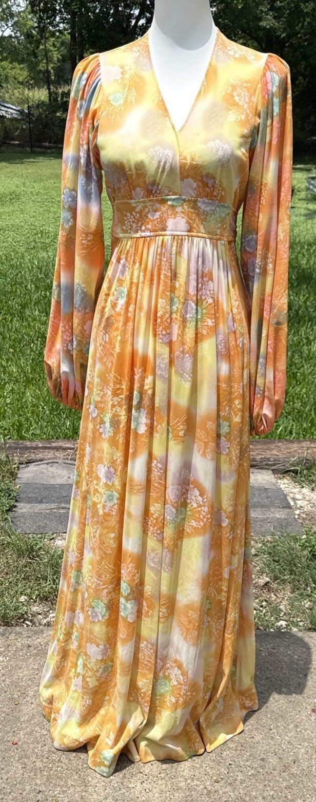 Vintage 70s Floral Maxi Dress Empire Waist Open Back Tie Bishop Sleeve Boho 13