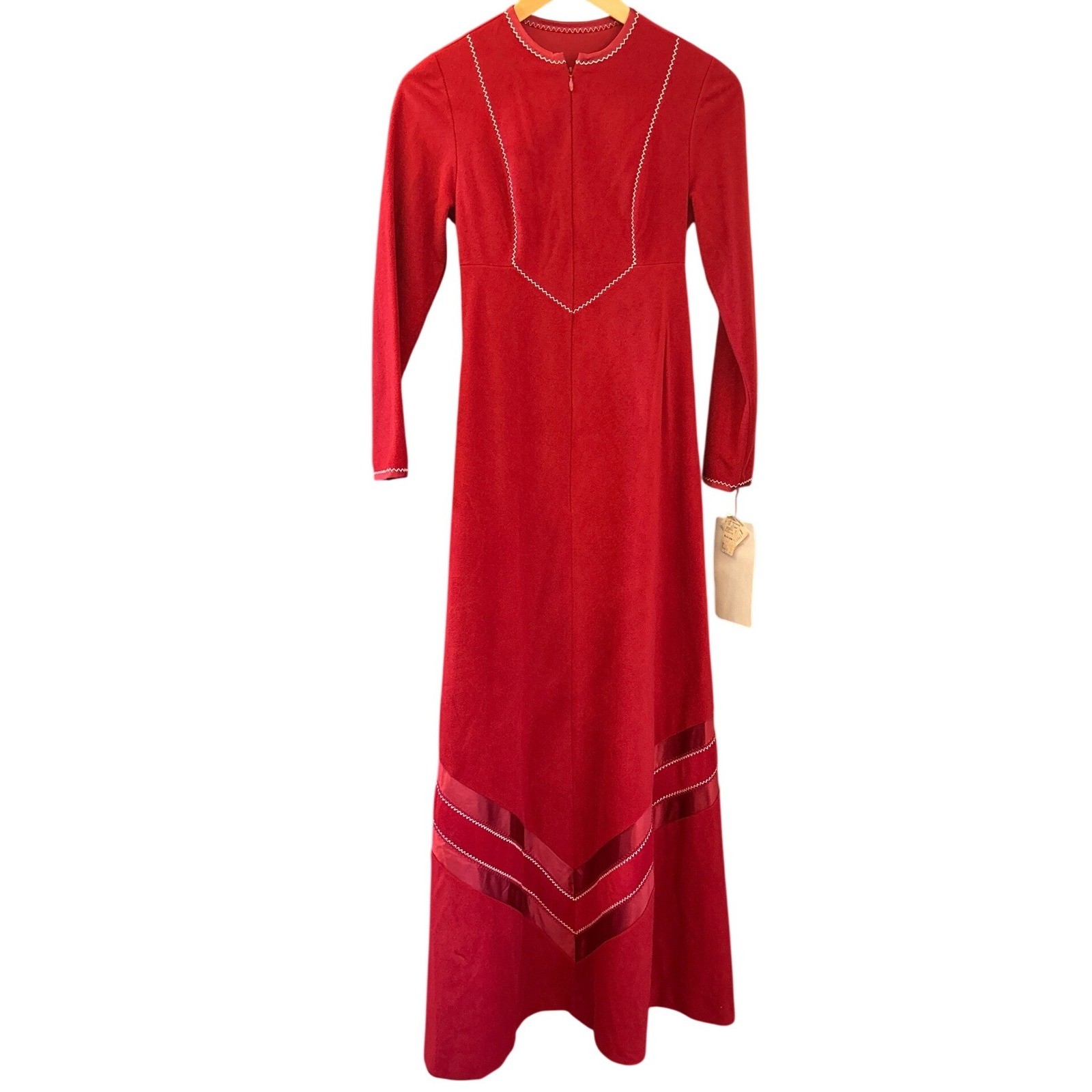 70s Deadstock Vassarette Juniors Long Robe Red Velvet Satin Chevron Regencycore