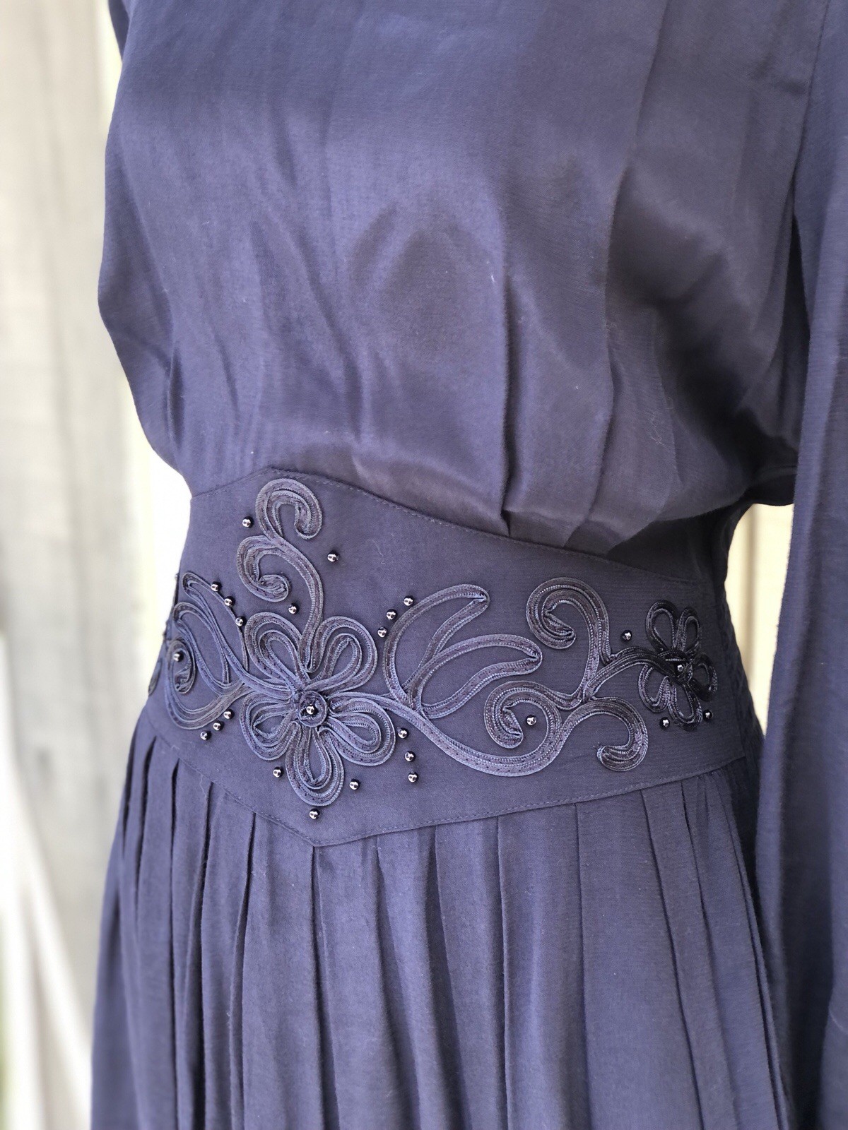 Vintage 70s Karin Stevens Beaded Embroidered Whimsical Navy Blue Maxi Dress 6