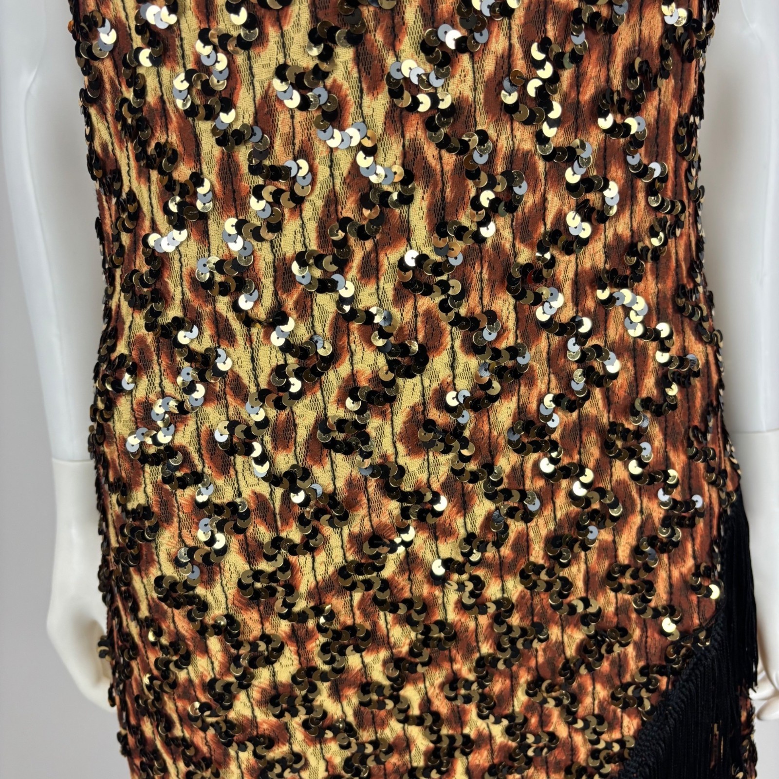 Vintage 90s Flapper Dress Womens Medium Leopard Style Print Sequin Party Fringe