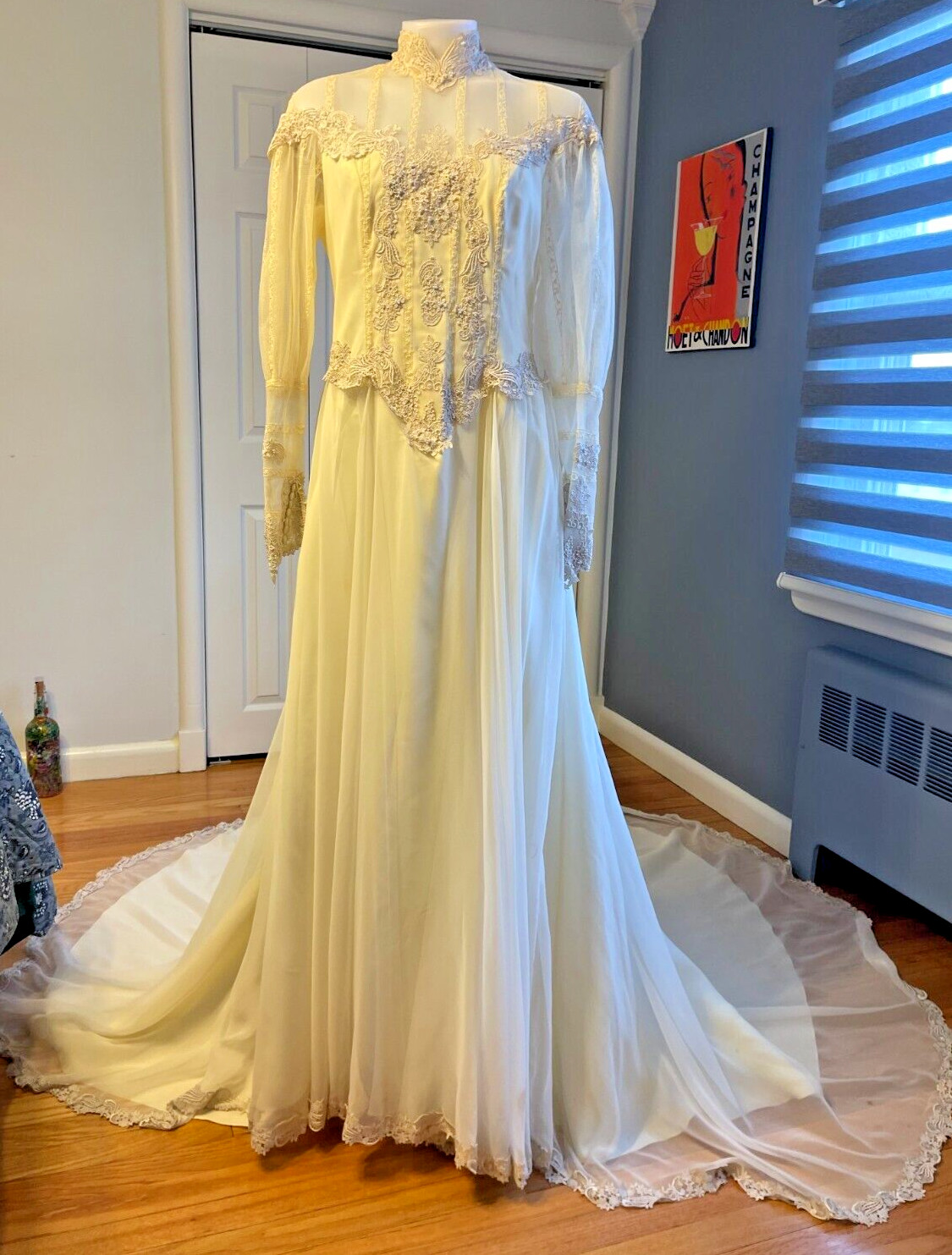 1950&rsquo;S USA HANDMADE Victorian Lace & BEAD Bridal Gown Wedding Dress-SZ 13