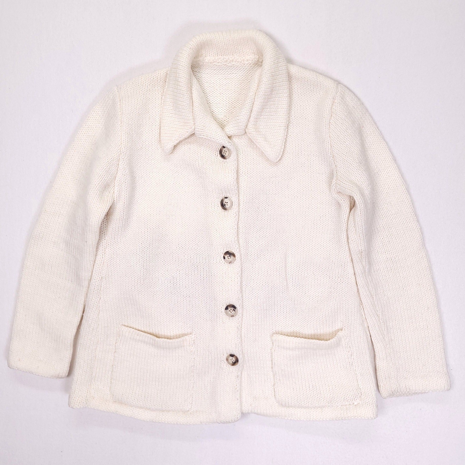 Handmade Vintage Abstract Cat Intarsia Knit Cardigan Sweater Cream Large OOAK