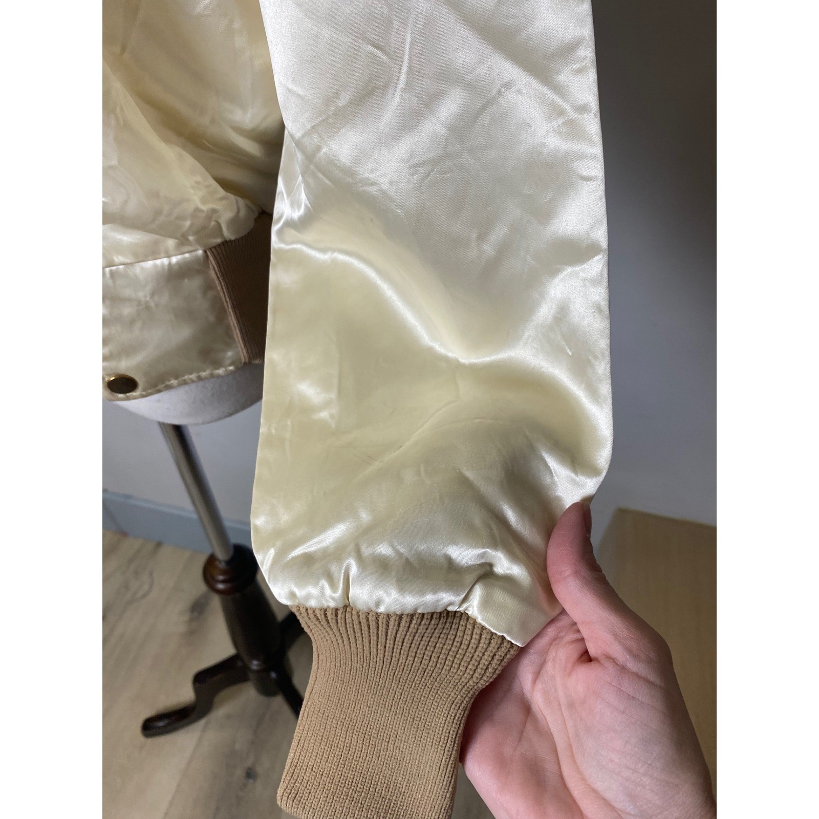 Vintage Satin Bomber Jacket Cream Jonis Corvette Chainstitch Varsity Snap Front