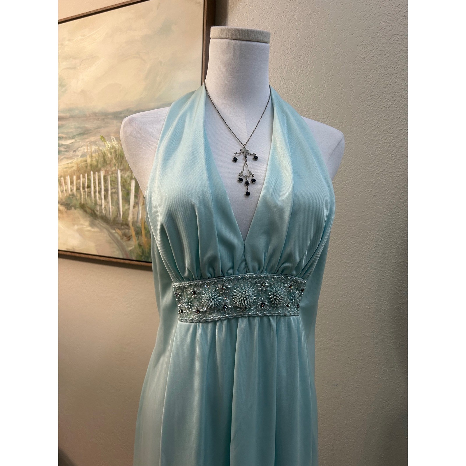 Vintage Aqua Blue Beaded Halter Neck Empire Waist Maxi Gown Cinderella Formal