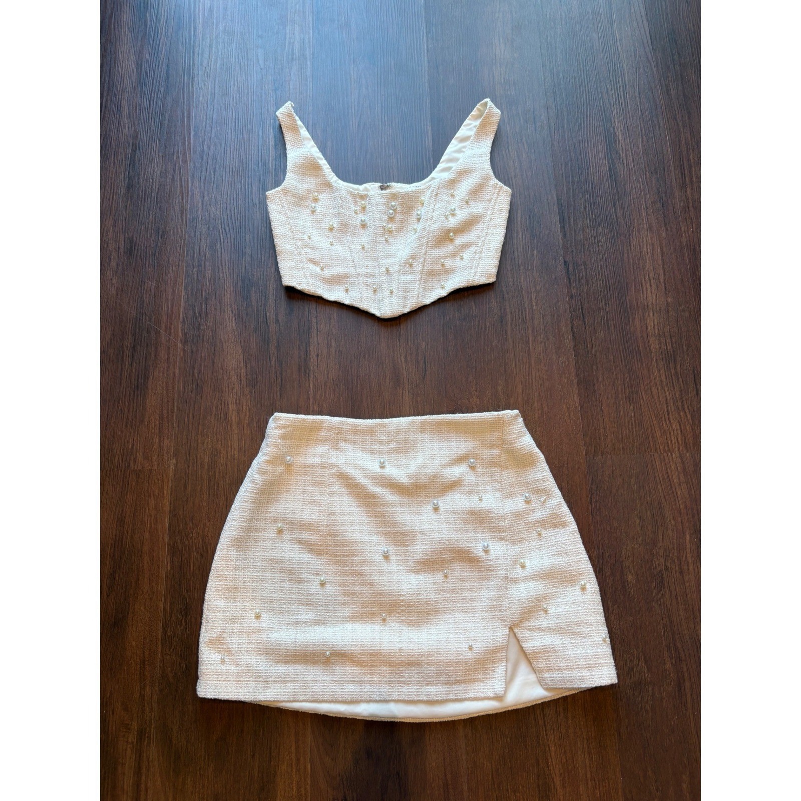 ♾️Altar&rsquo;d State Two-Piece Set Pearl Button Crop Top Skirt Cream XXS/S Bridal♾️