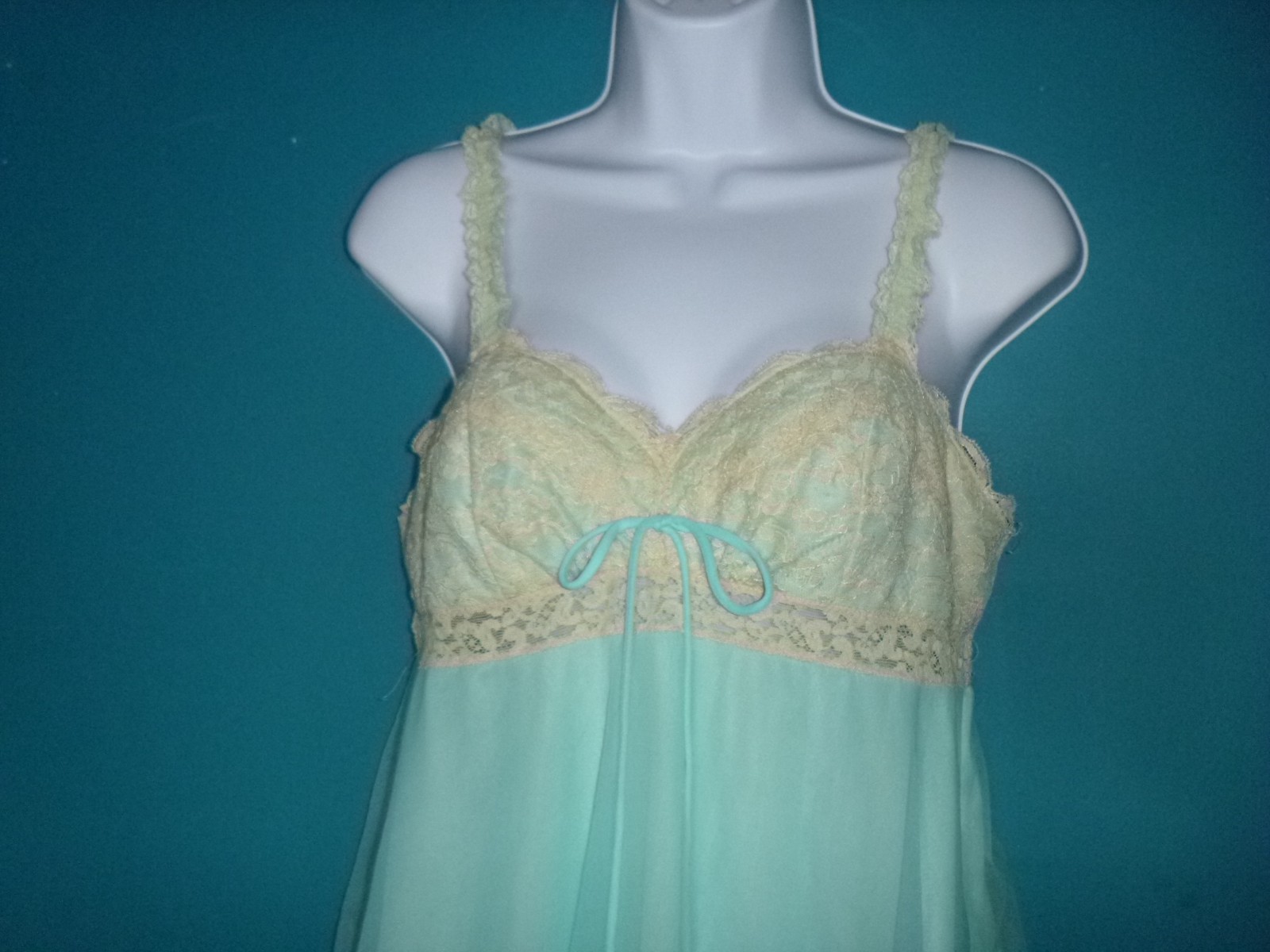 Vtg 60s Olga Sleeping Pretty Nightgown Aqua Double Layer Nylon Chiffon Sz M