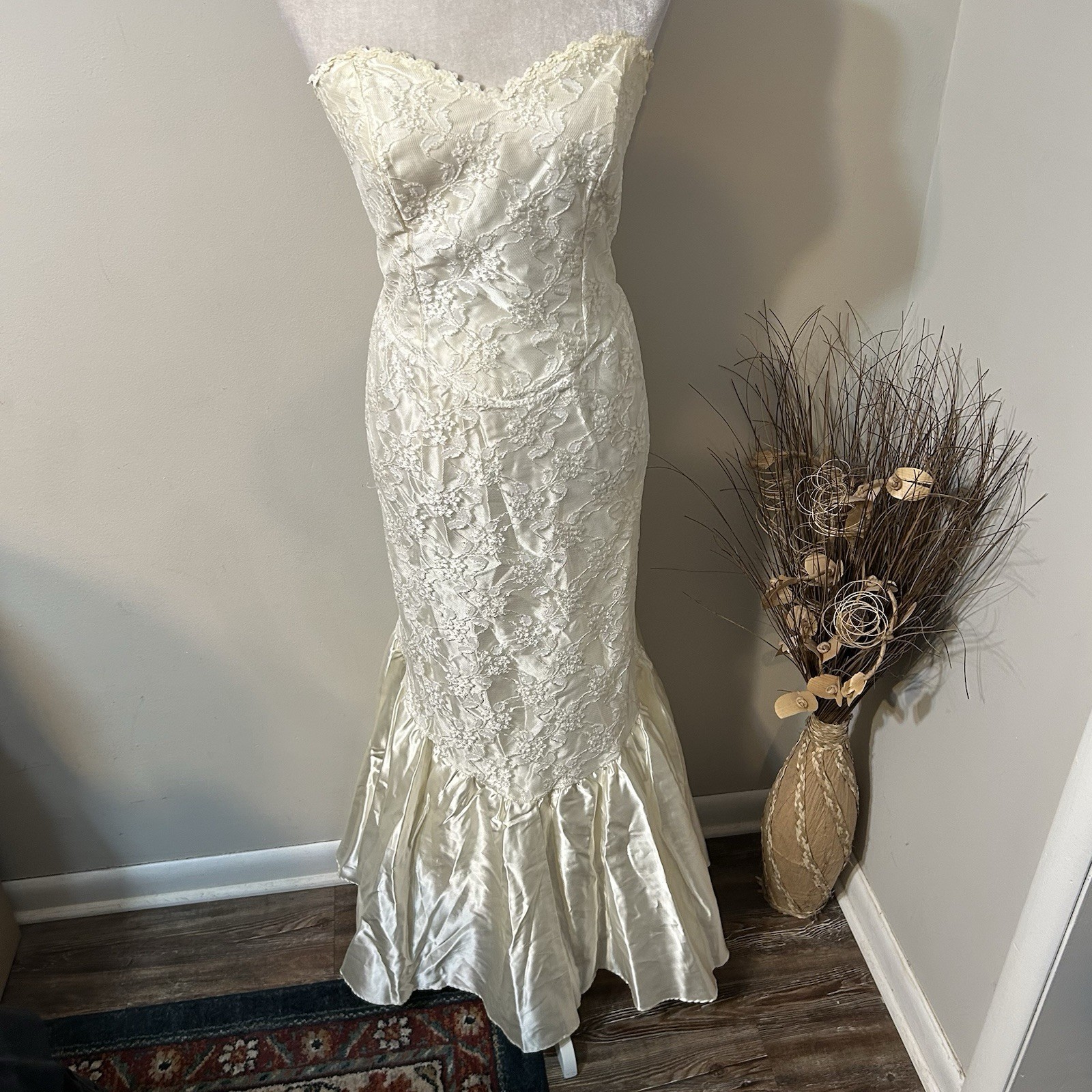 Vtg 80s Alfred Angelo Flirtations Ivory Sequins Mermaid Lace Dress Strapless M ?