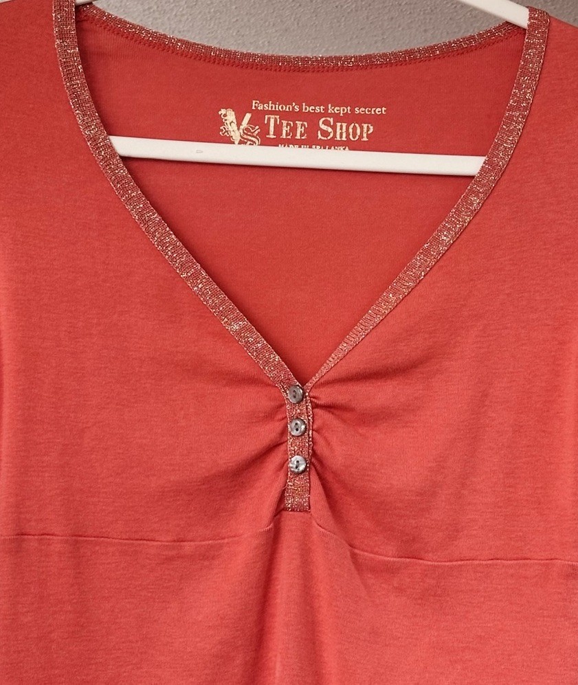 Victoria&rsquo;s Secret Vtg Long Sleeve Babydoll Henley Top M Orange w/ Gold Trim Y2K