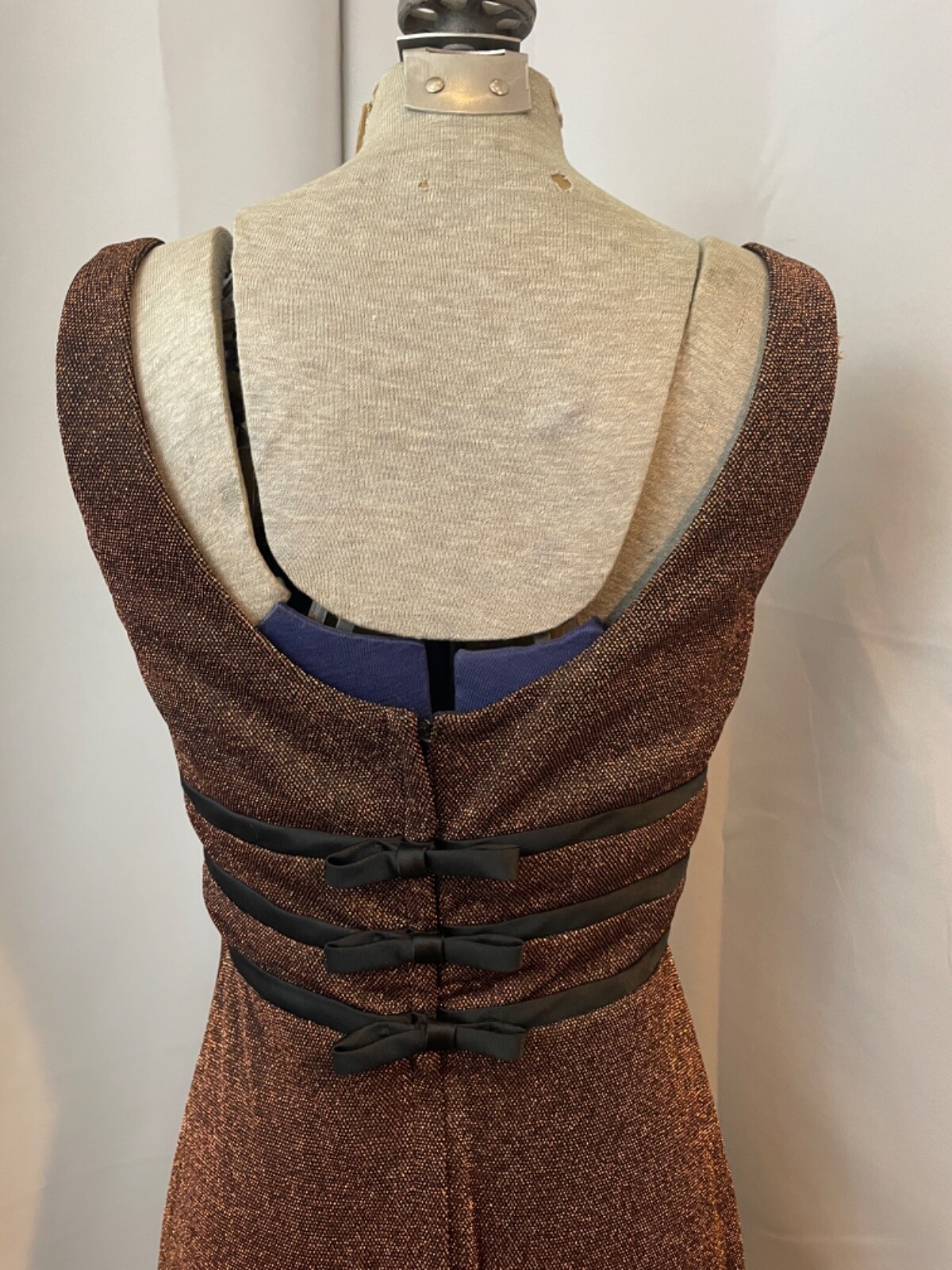 1990s Maxi Dress Metallic Copper Orange Lurex Black Formal XS S