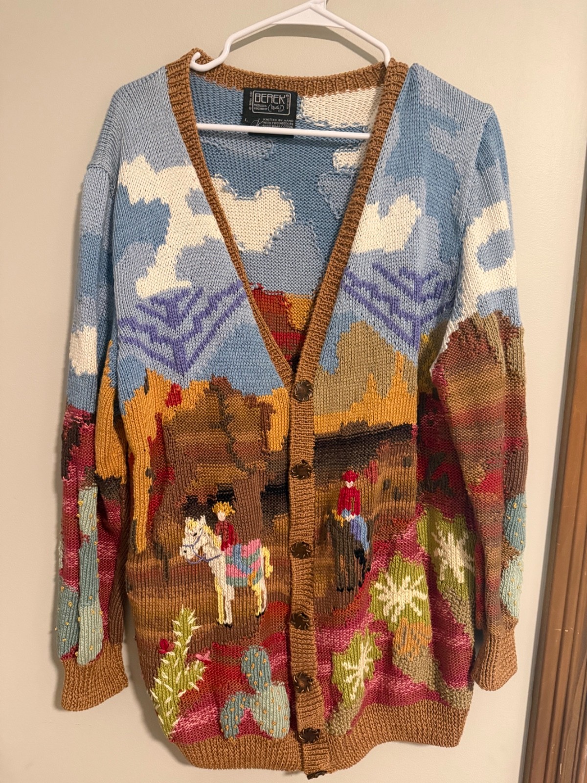 Vintage Berek 1992 Western Theme Cardigan sweater hand knitted by Marta D