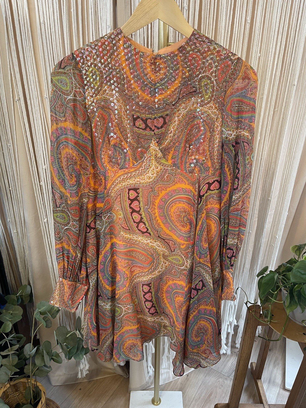 Vintage 60s/70s Lisa Meril Paisley Mini Dress sequin detail bright colors Disco
