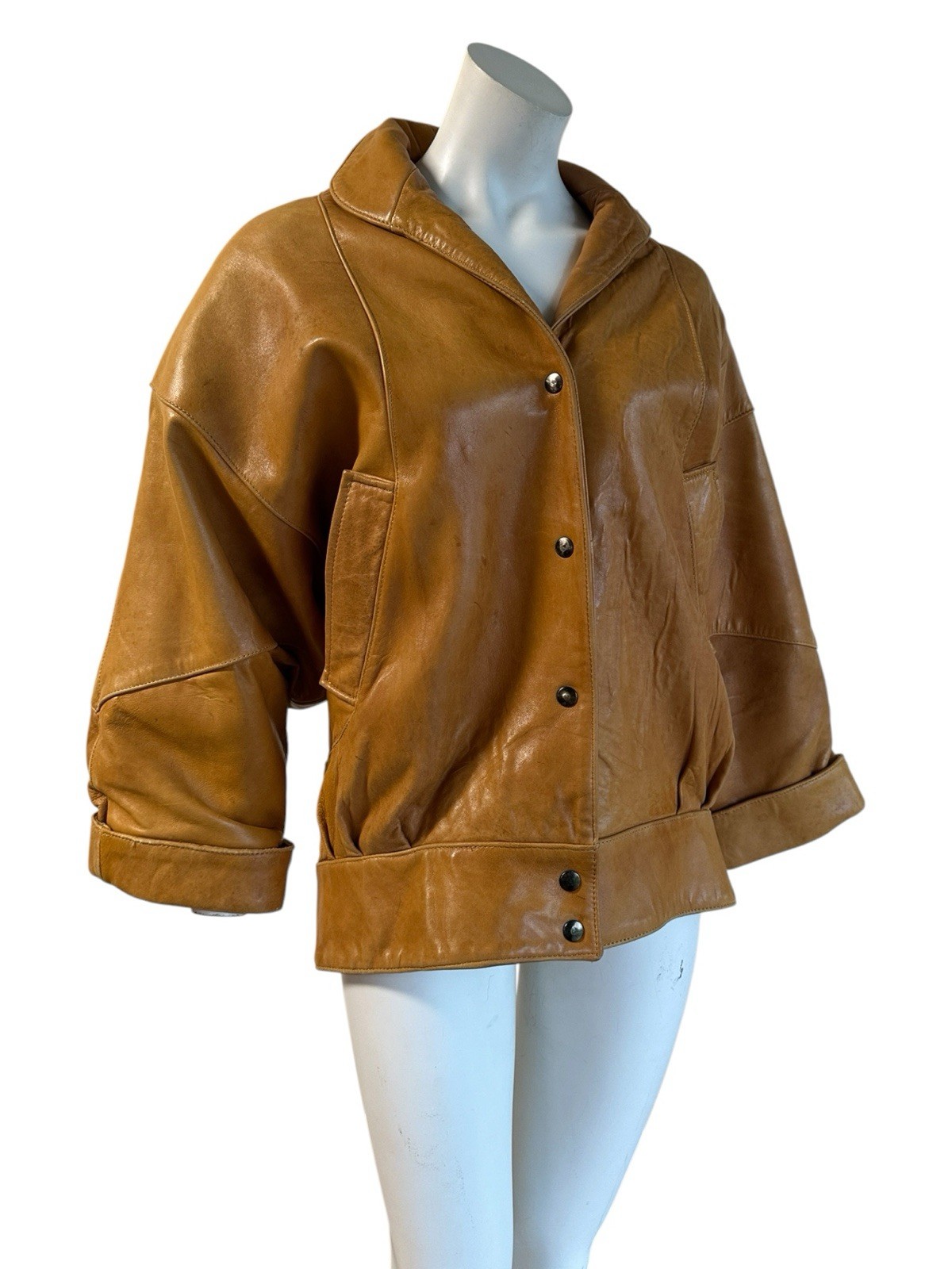 Vintage 80s Cognac Leather Lambskin Bomber Jacket Made In Mexico Size M Womens