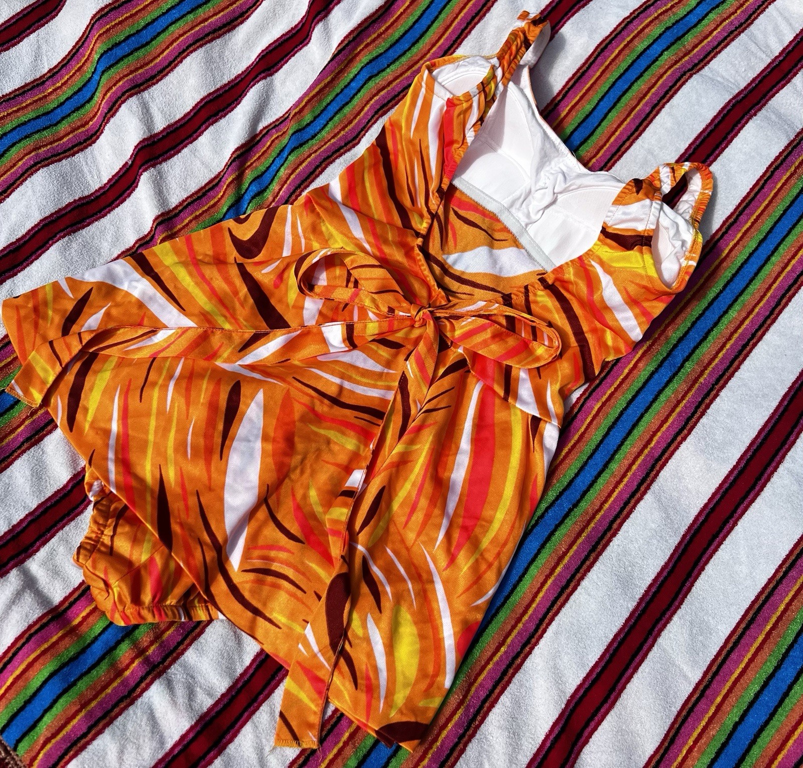 VTG 60s Union Made Abstract Orange Yellow & Brown Skirt Cover Swim Suit Med