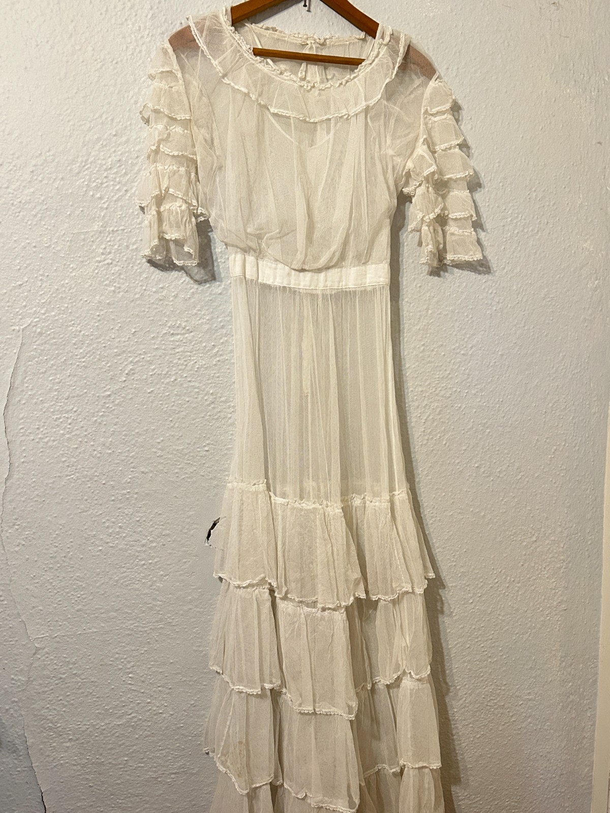 READ Edwardian Antique XXS Net Lace Gown Tea Lawn Dress Tiered Skirt Wedding