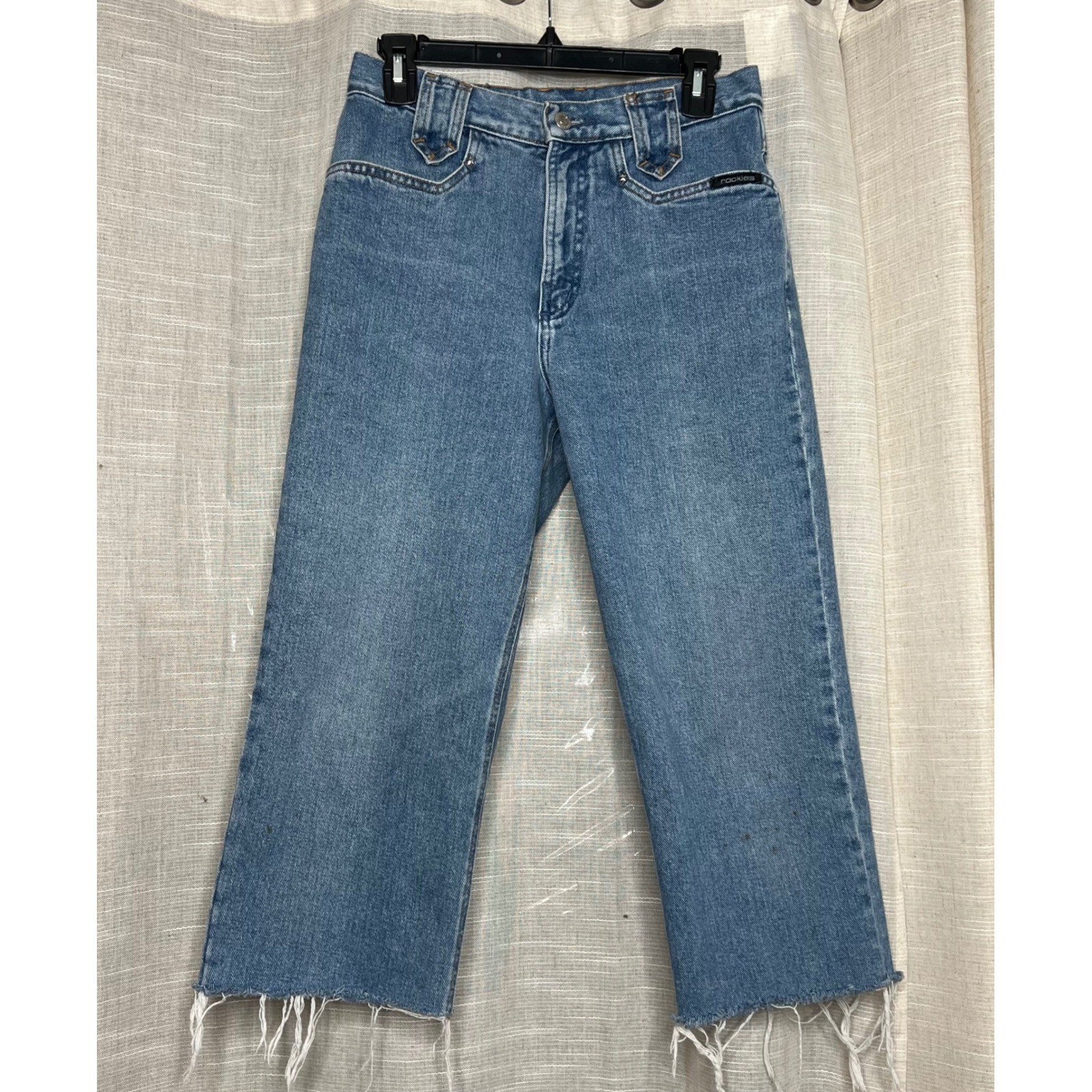 Vintage Rocky Mountain Rockies Crop Jeans Raw Hem Denim Star Rivets Women&rsquo;s 28&Prime;