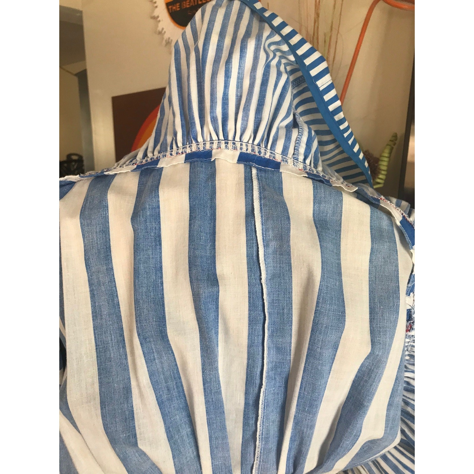 1970s Striped Sun Dress Blue Red Yellow Cotton Spaghetti Strap Flared Midi