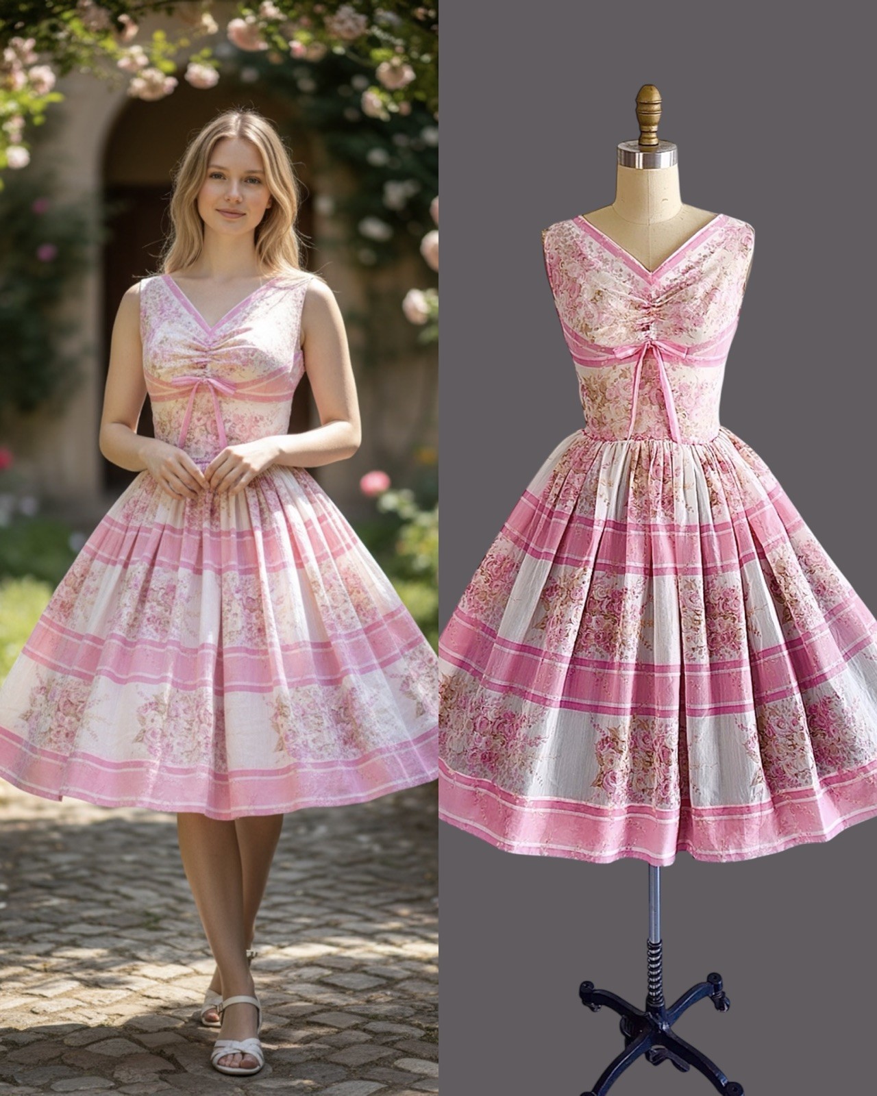 Vtg 1950s HORROCKSES Dress Floral Rose Print Stripe Cotton Sundress Pinup SMALL