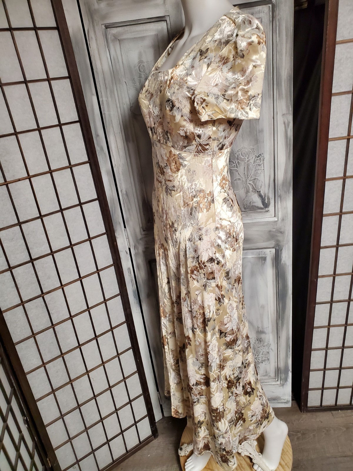 Vtg Benson & Smith Floral Roses XS-S 90s Ss Cottagecore Ss Gold Damask Midi