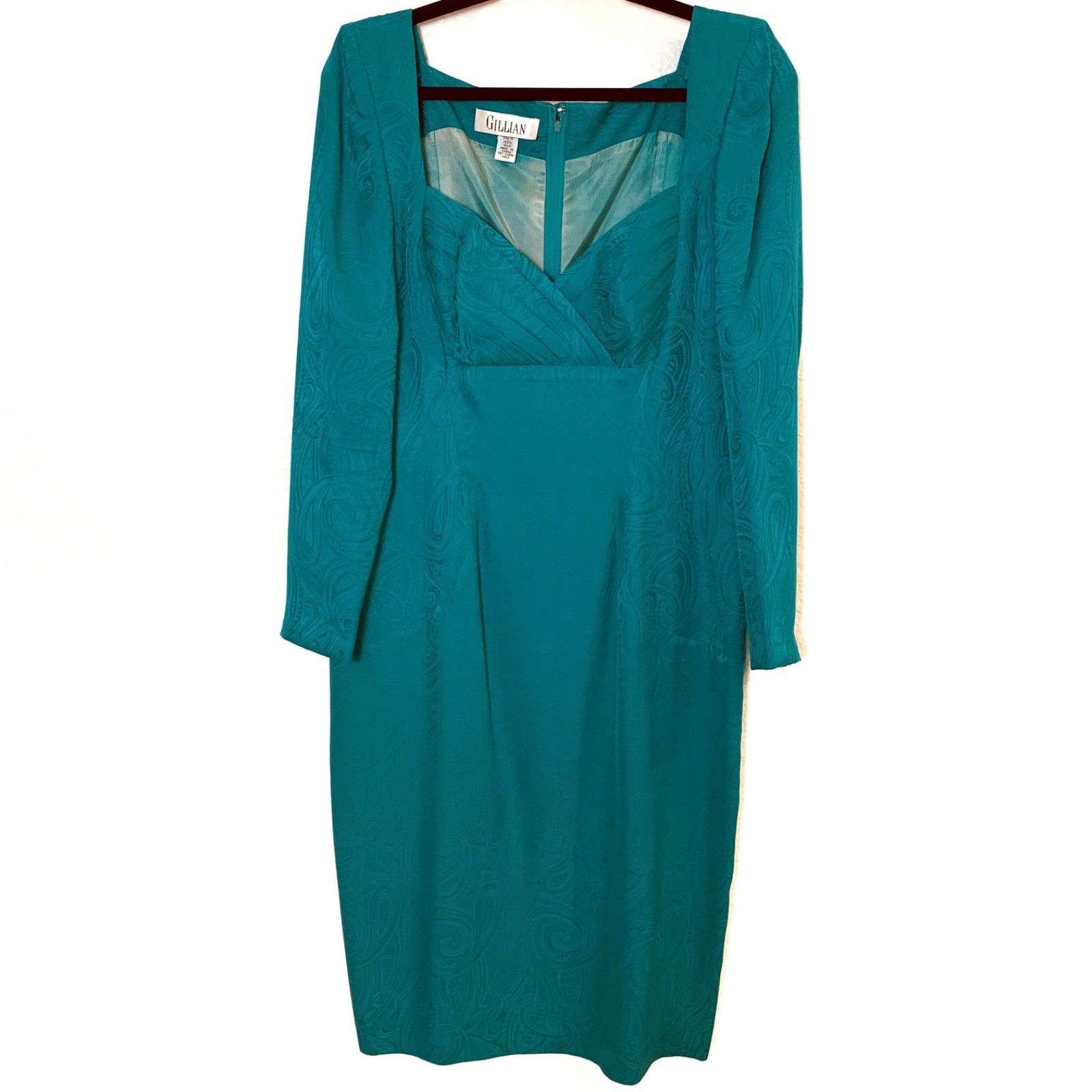 Vintage Silk Dress Womens Size 10 Teal Green Blue Sweetheart Neckline Paisley
