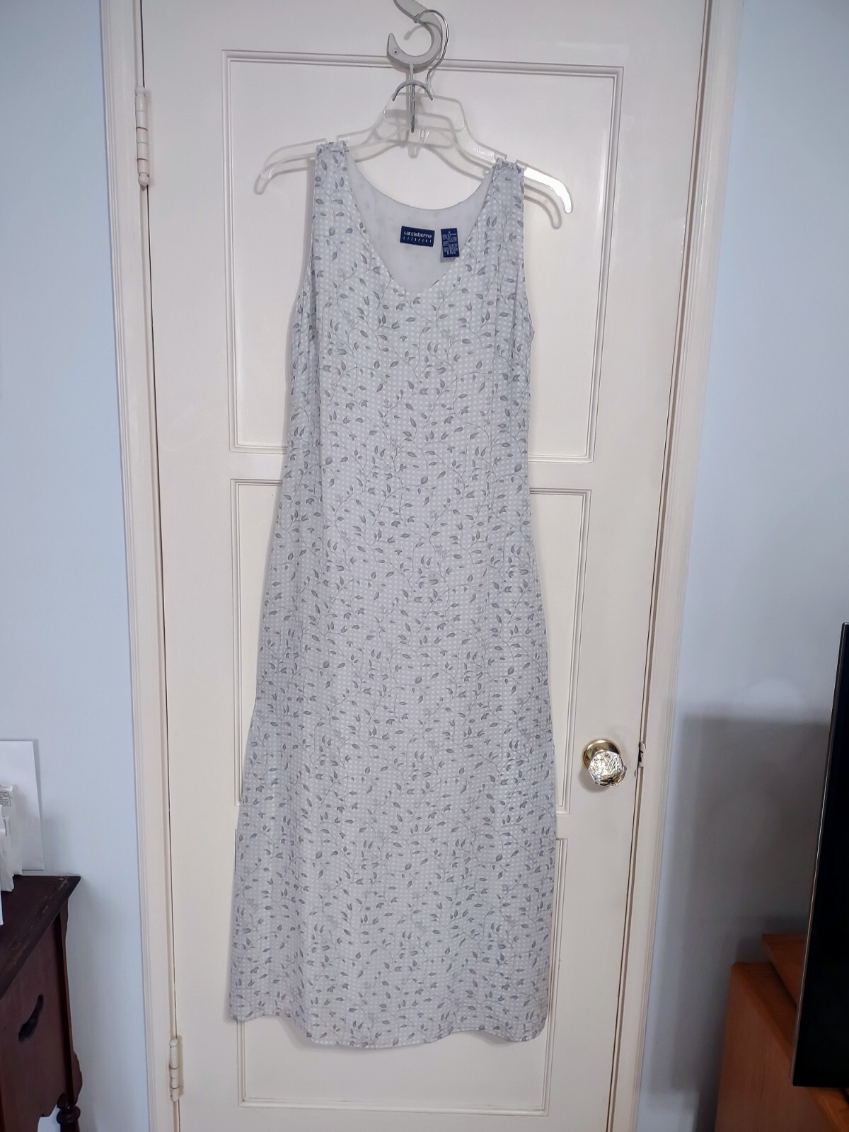 Vintage Liz Claiborne Sleeveless Maxi Dress White Gray Florals Sizez 8