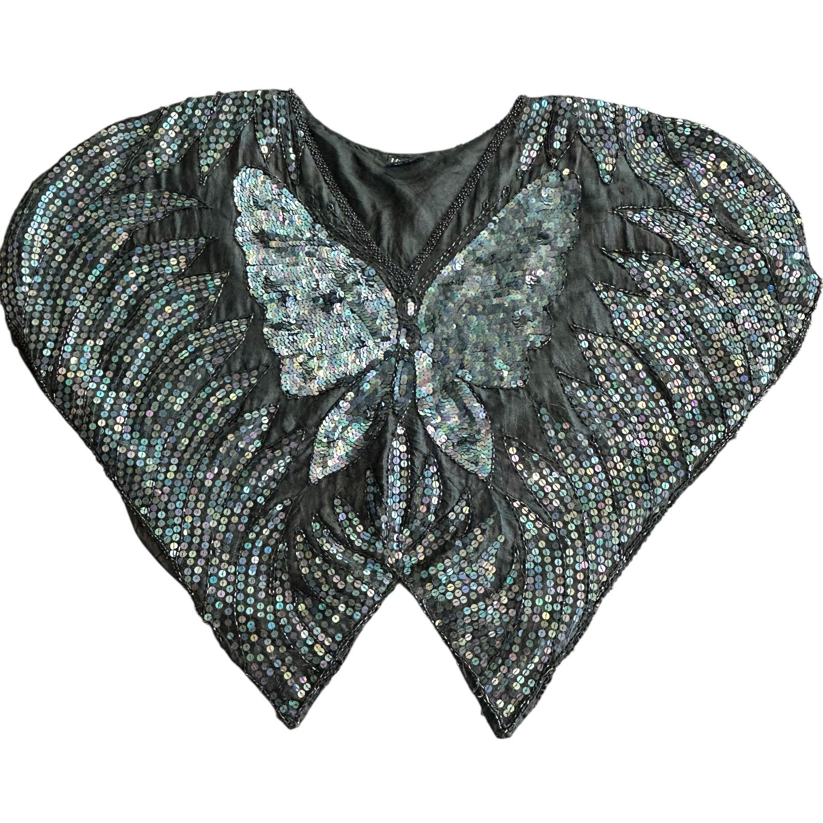 Vintage Linsiano Black Silk Sequin Butterfly Top OS 54” Chest Boho Glam Evening