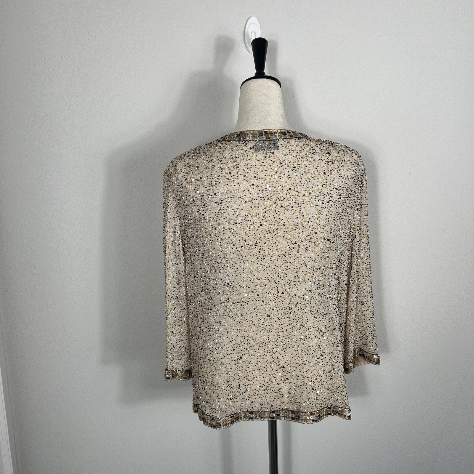 Vintage 80s FRANK USHER Jacket Eveningwear Silk Sequin Beaded Beige Sparkl Large