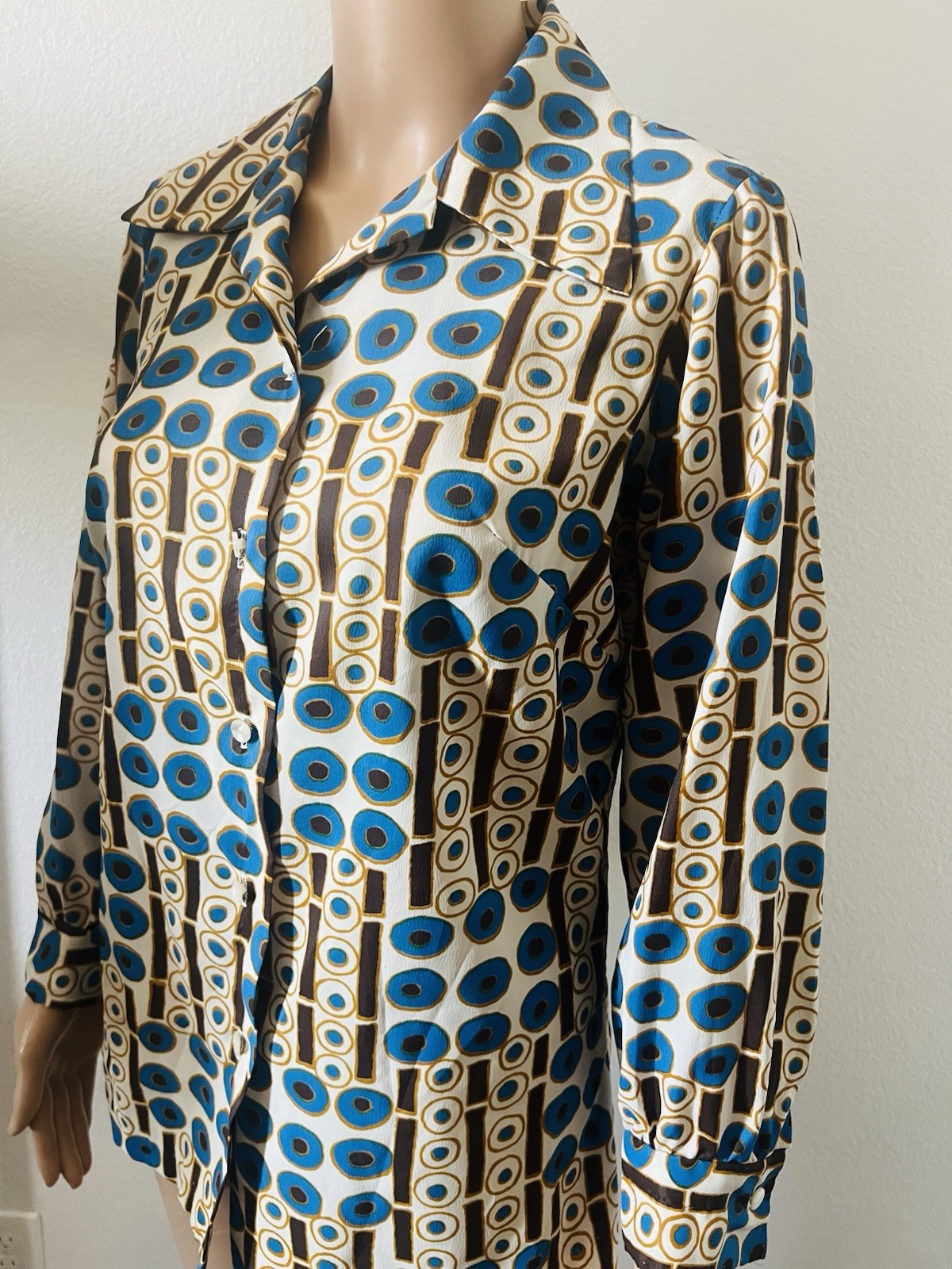 VTG 70s Disco Bold Geometric Circles Big Collar Blouse Graff Californiawear Top
