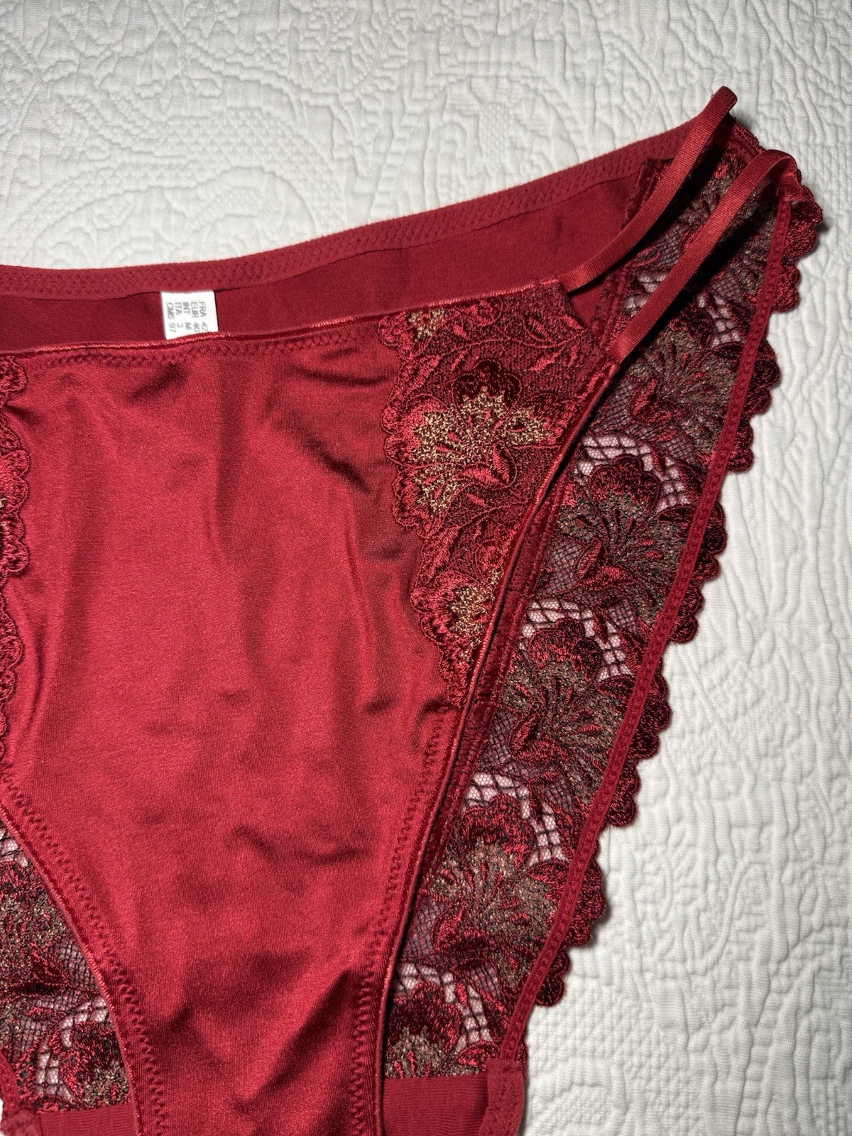 Vtg Chantelle Red Embroidered Trim String Bikini Stretch Panties Size Large