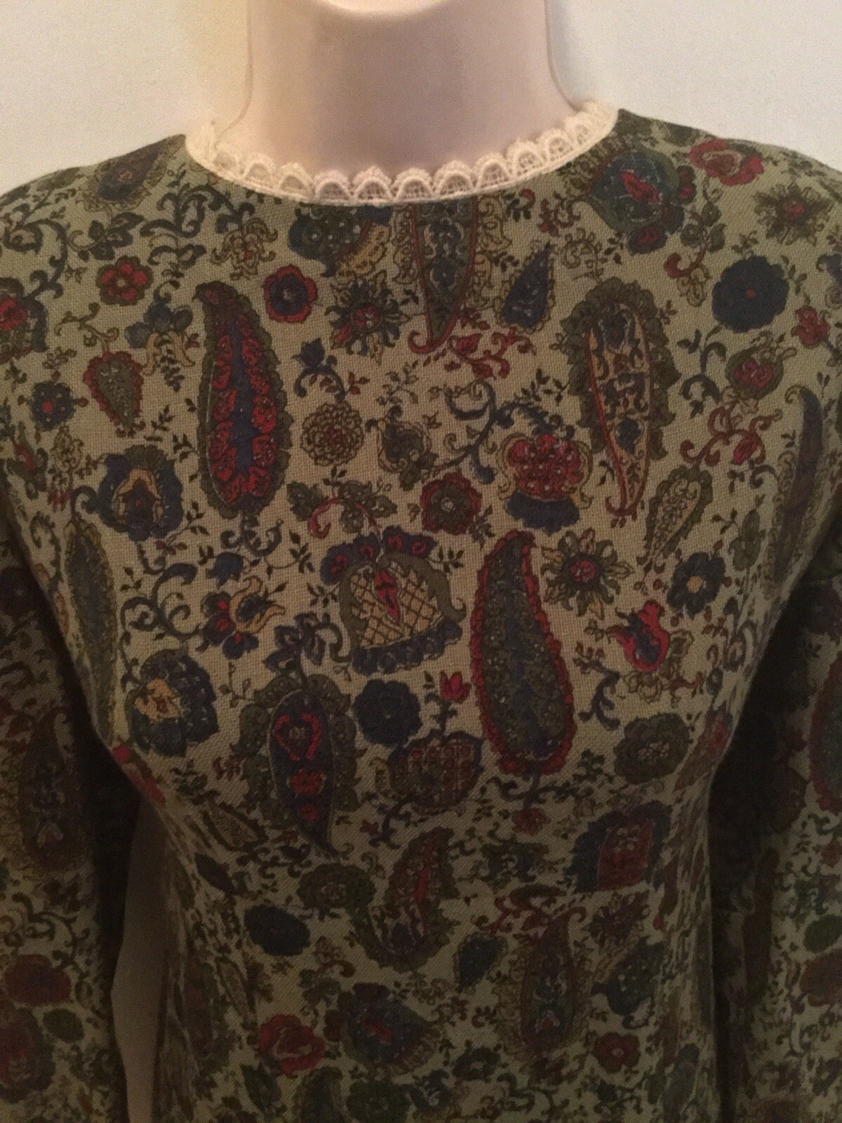 1960s 70s Psych Folk Boho Paisley Green Empire Groovy Carnaby Go Go Lace S/M
