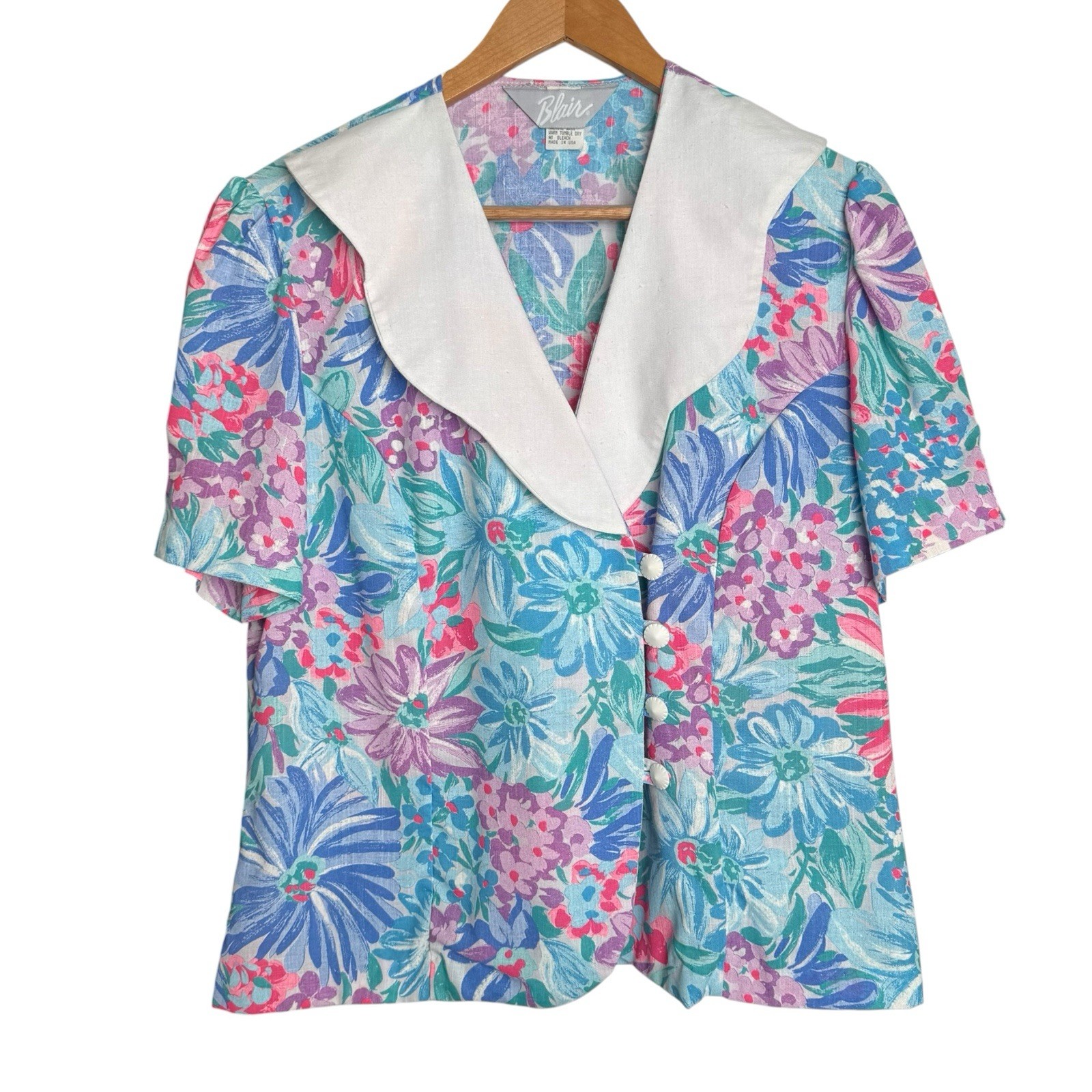 Vintage Blair 1980’s Floral Print Blouse Oversized Collar Size 12 Bright