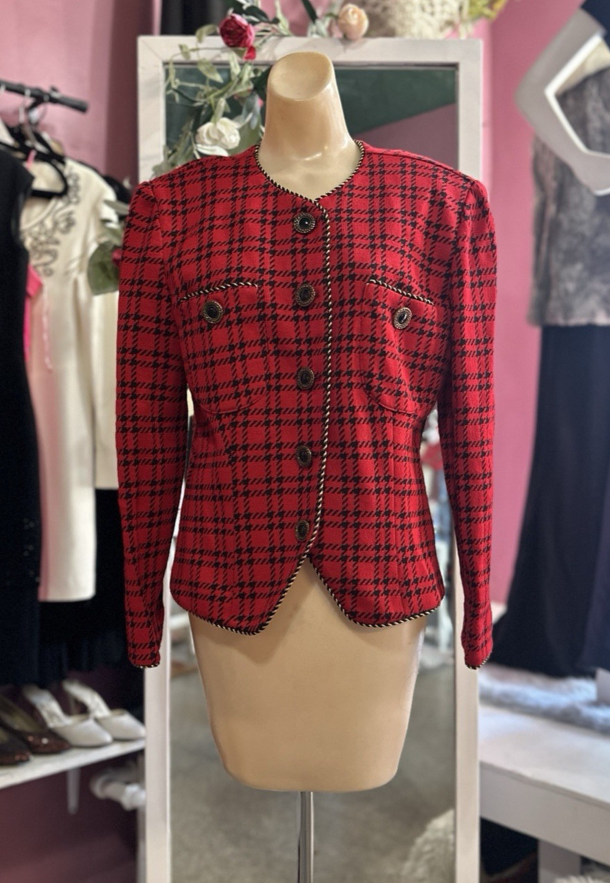 Vintage 80s Red Black Houndstooth Blazer Structured New Wave Holiday Diana M