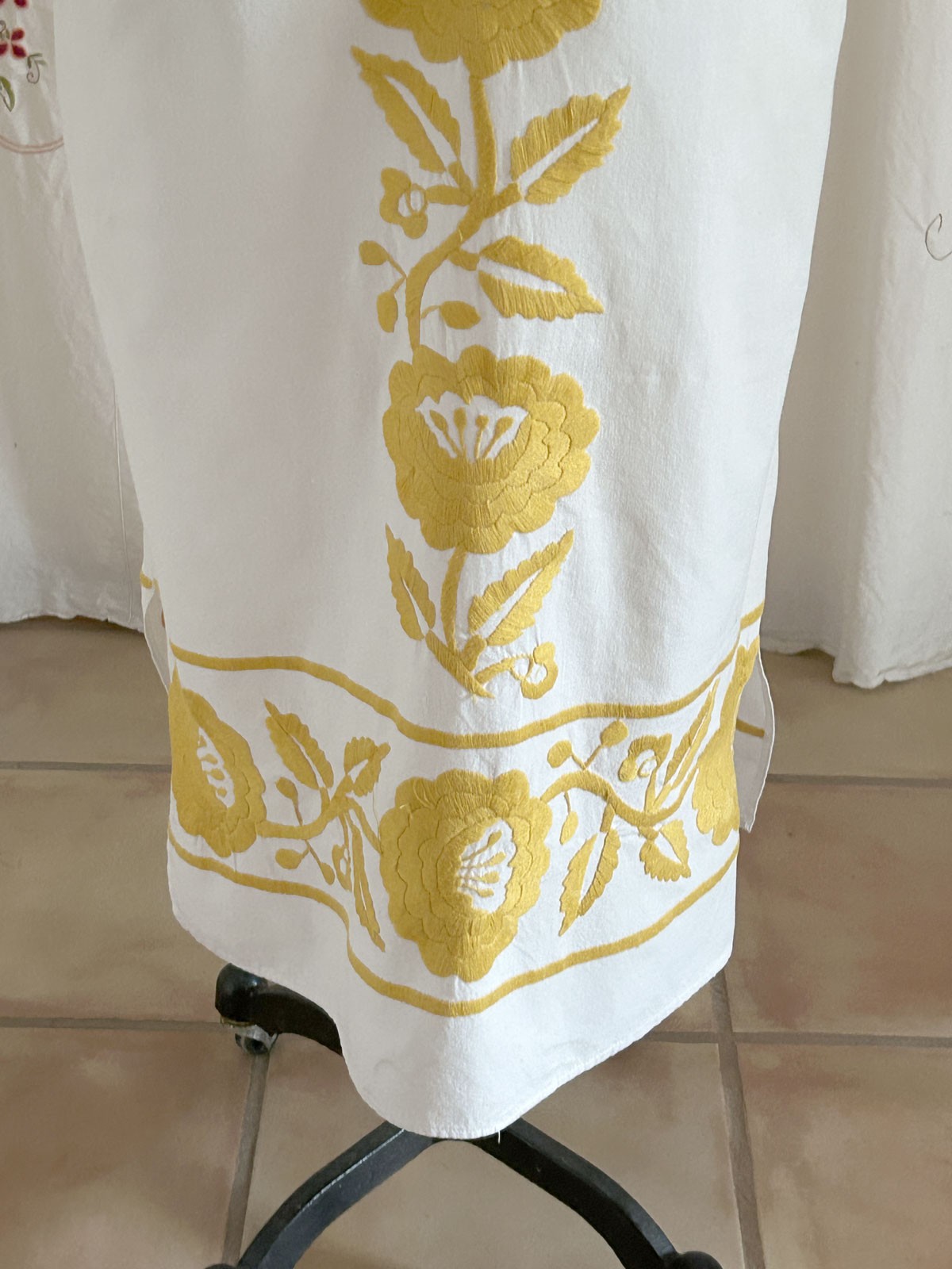 Vtg 70s Mexican Oaxacan Festival Maxi Dress L/XL White Cotton Hand Embroidered