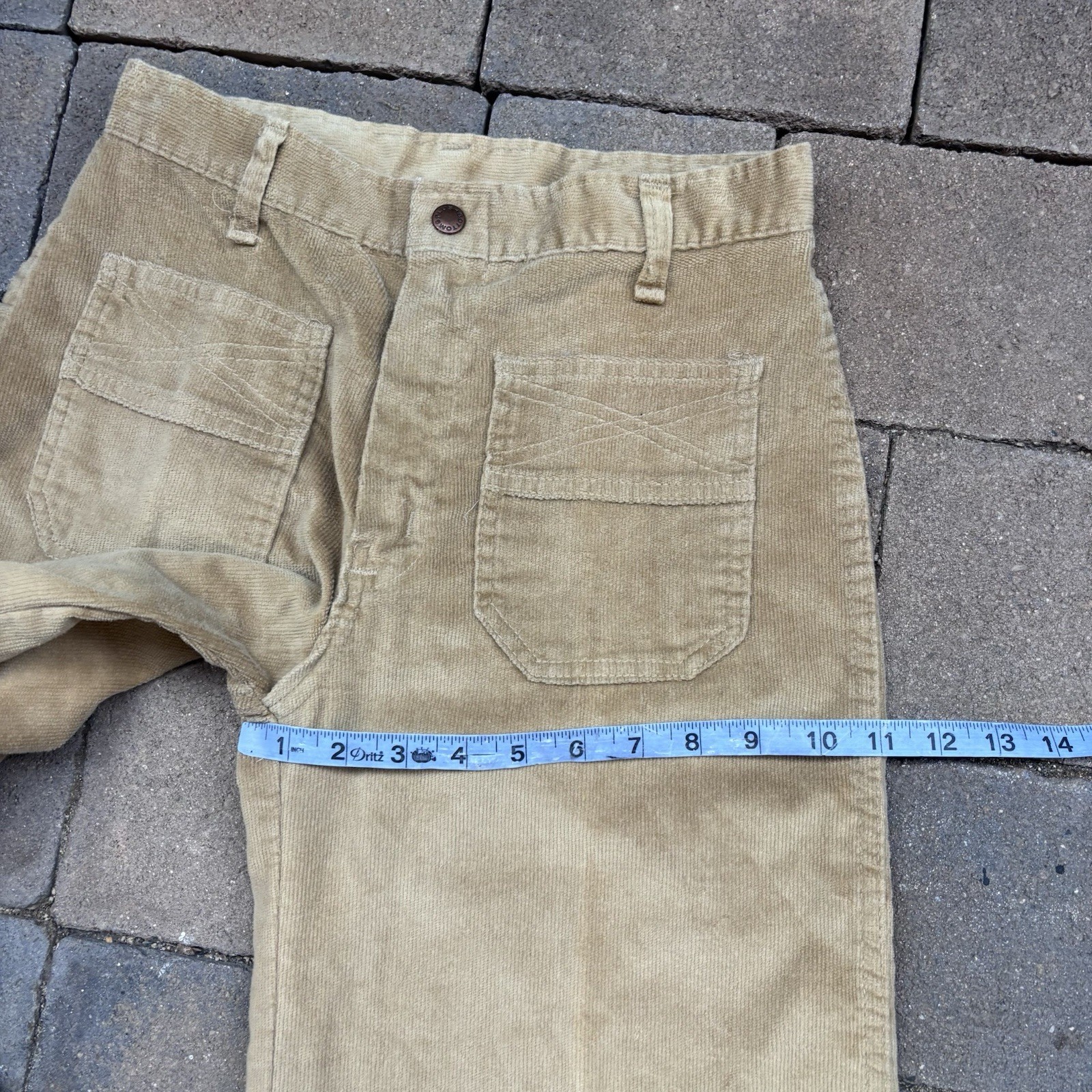 VTG Plush Bottoms Bell Bottom Snap Fly Pants Boho Hippy 27×31 Khaki Twill 70s
