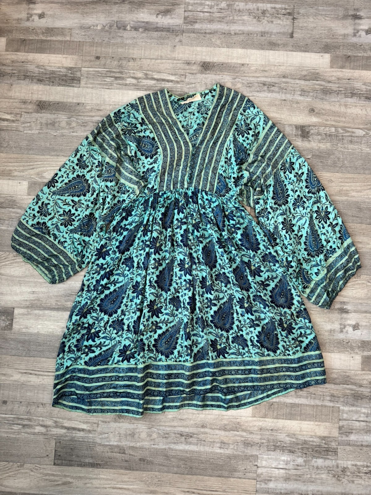 Judith Ann Heiser Egan Vintage Blue India Silk Boho Dress Size Medium 1970s F38