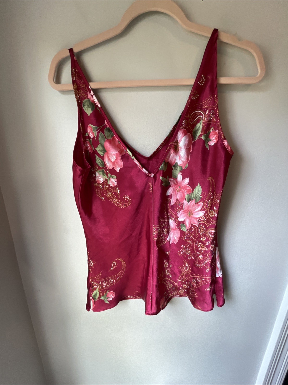 Vintage California Dynasty Polyester Satin M Floral Camisole Cami Tank USA 1980s