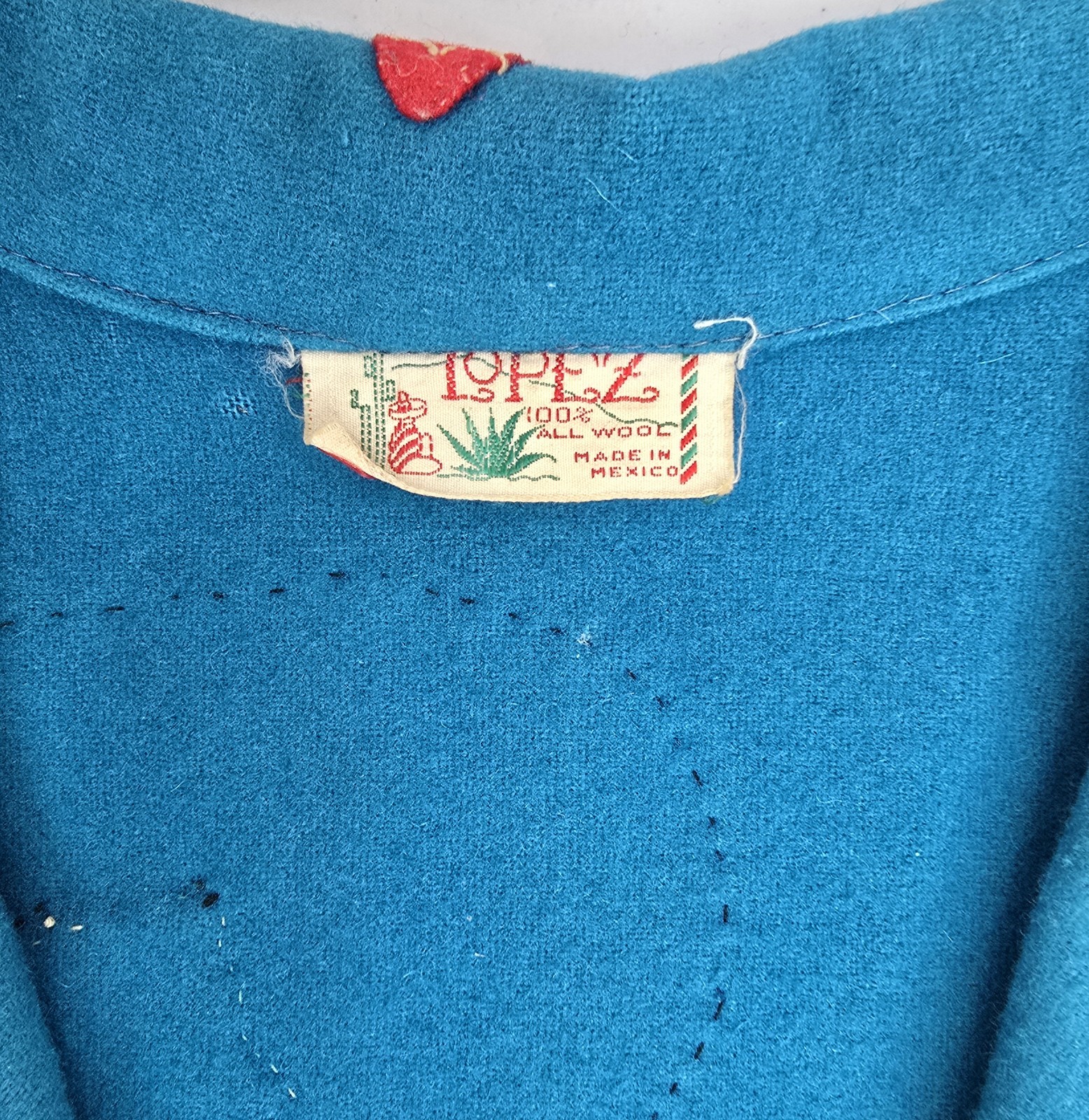 Vintage Mid-Century Lopez Mexican Wool Embroidered Souvenir Jacket – Teal As-Is