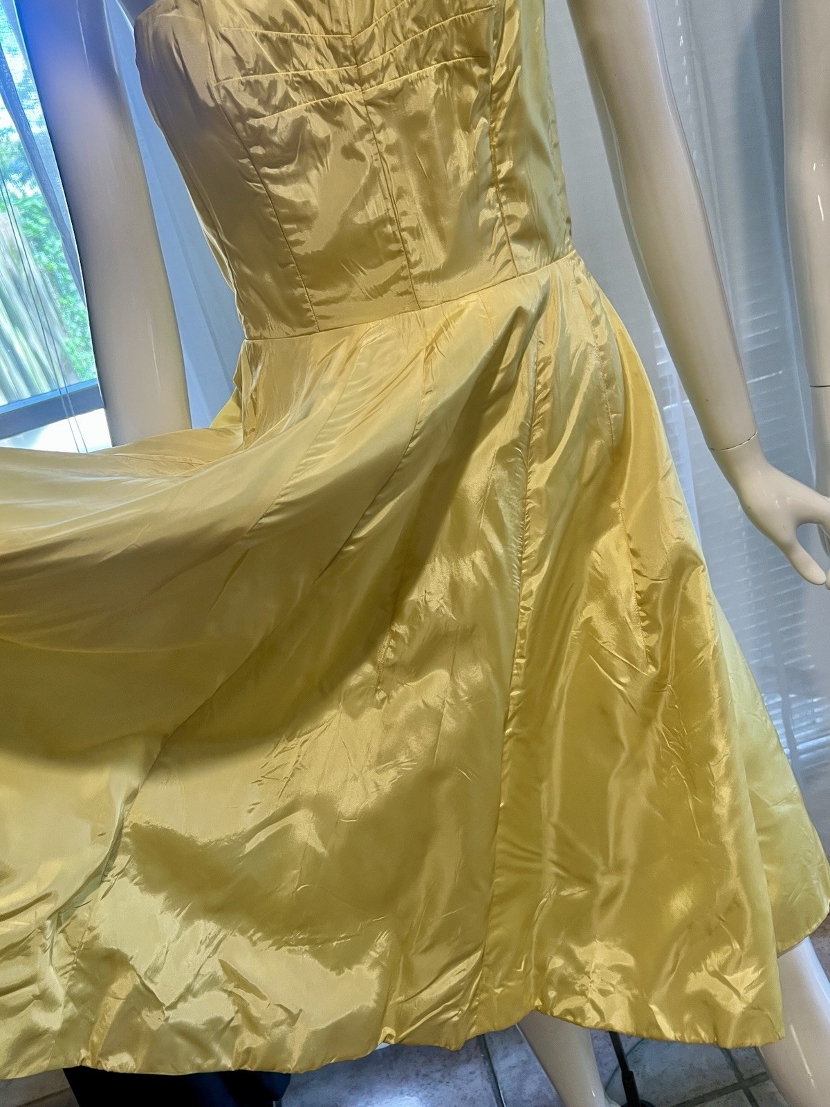 Vintage Buttercream Lined Yellow Strapless Satin Darted Boned Bust Circle Dress